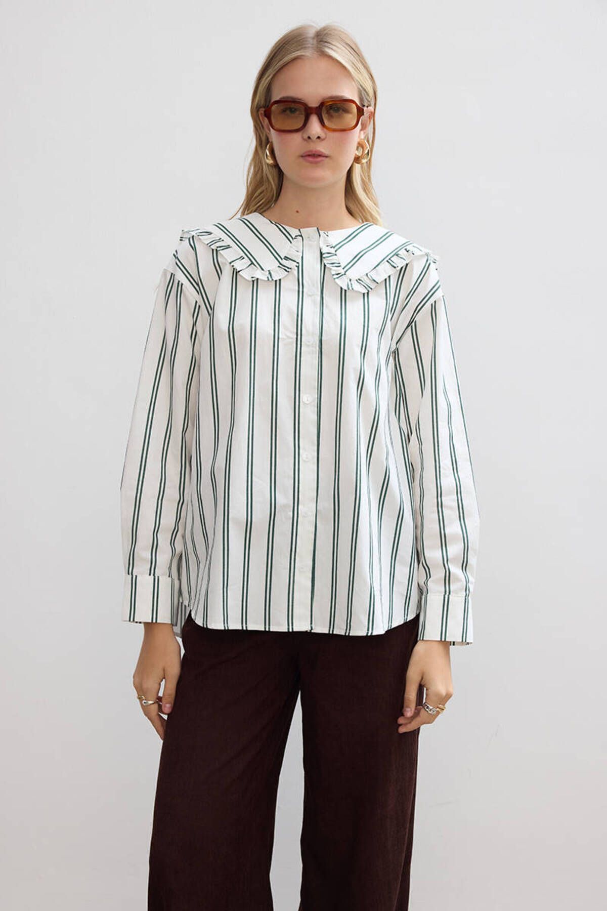 BE BLUE-Green Striped Collar Detailed Shirt 2