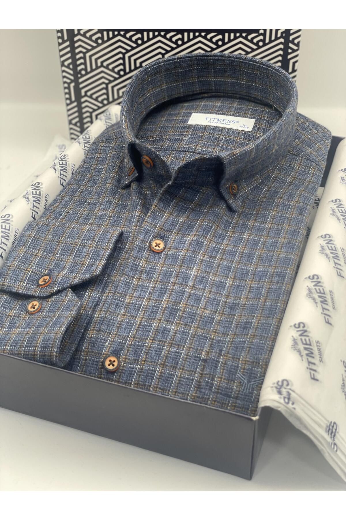 Fitmens-Winter Plaid Collar Navy Blue Men's Shirt - 100% Cotton, Long Sleeve, Button, Gift Boxed Fs- 003767 2