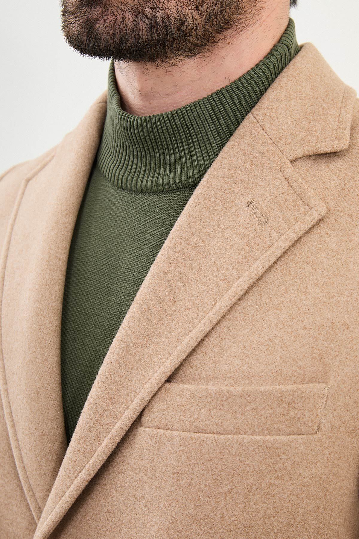 Düz Slim Fit Mono Yaka Klasik Erkek Kaşe Kaban Bej - 21312.24K — رنگارنگ — تصویر 2 از 5