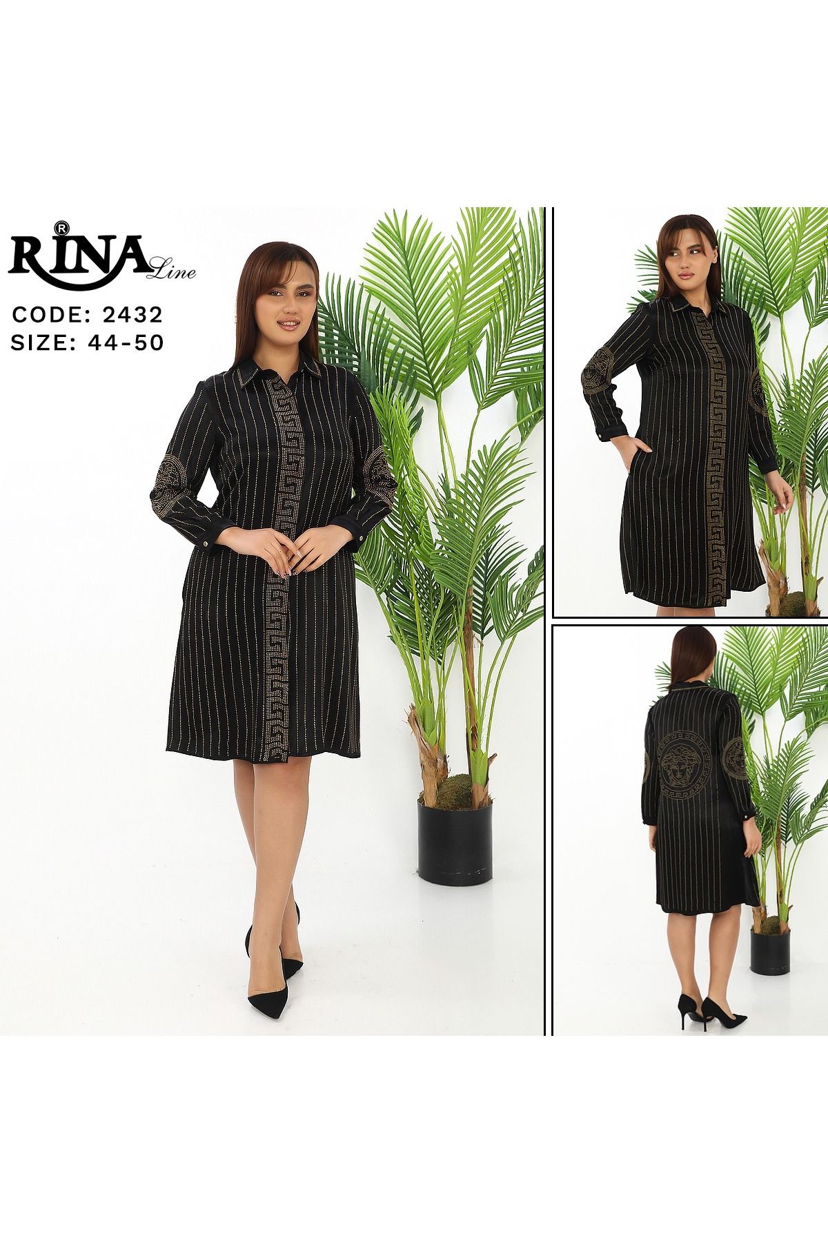 Rina Line-Stone Embroidered Medusa Motif Flush Viscose Dress 5