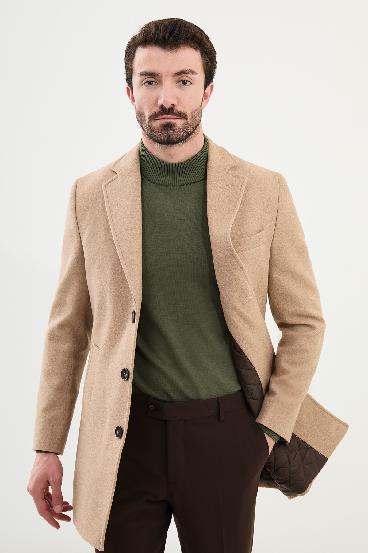 Düz Slim Fit Mono Yaka Klasik Erkek Kaşe Kaban Bej - 21312.24K — رنگارنگ — تصویر 3 از 5