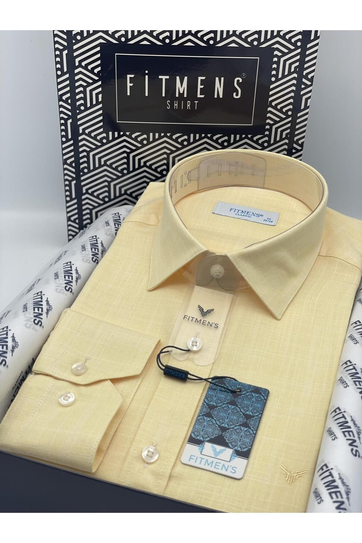 Fitmens-Classic Long Sleeve Linen Collar Bottom Button Men's Shirt with Gift Box Fs- 003686   - Yellow 2