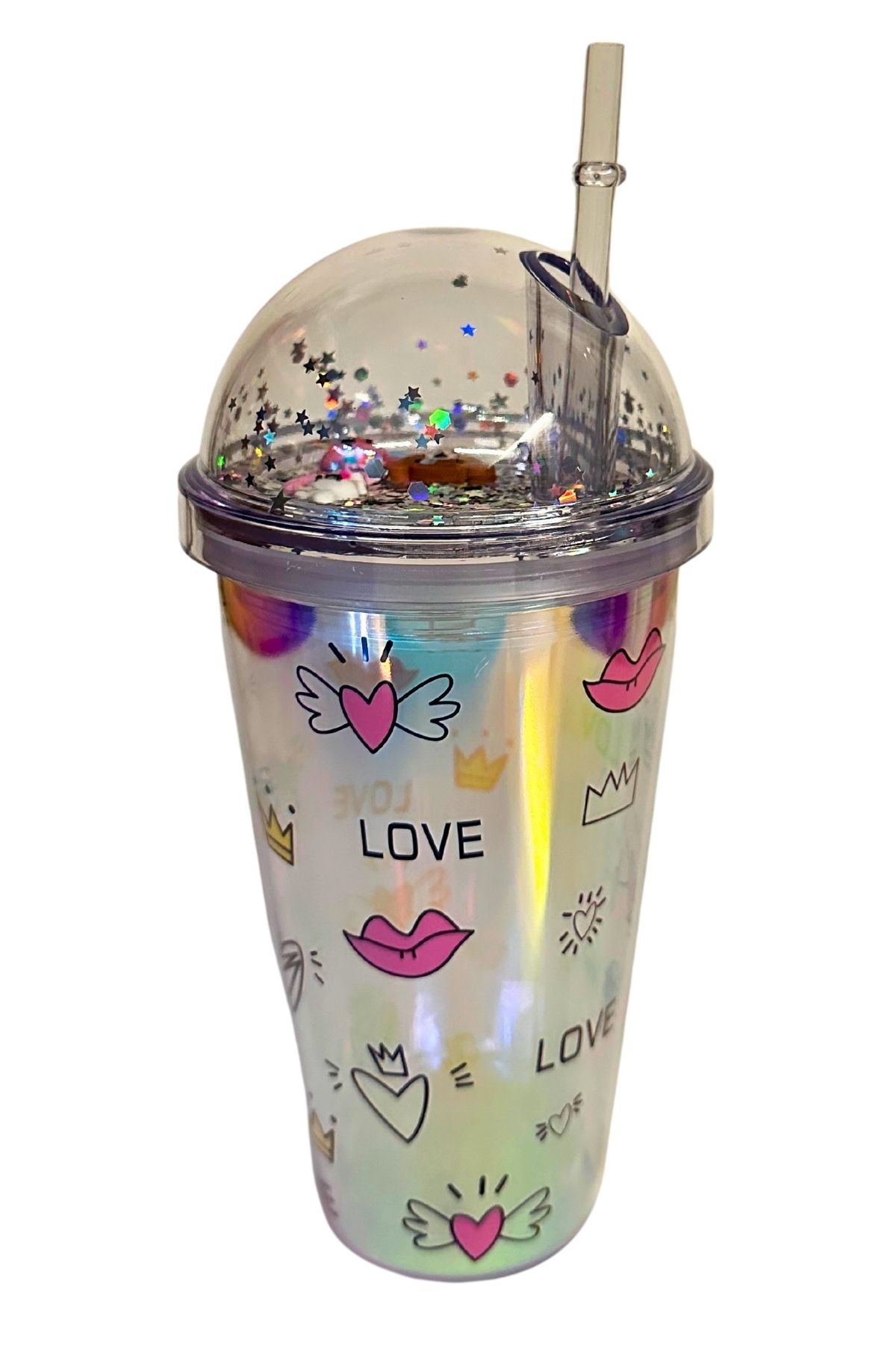 Meturas-450 ml Single Polycarbonate Heart Themed Figured Glass with Straw - Special Box 20 * 10 cm Transparent 1