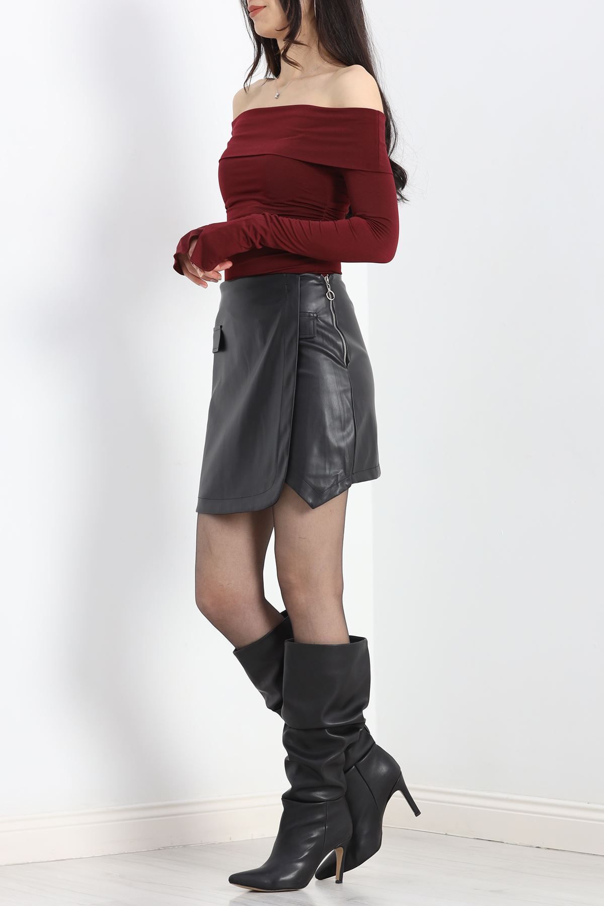 ERTKA-Black Leather Skirt with Side Zipper - 240048 .1893 7