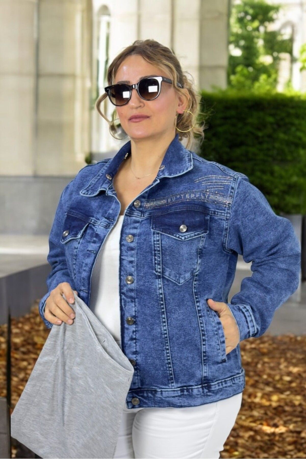 yagmurberen-Removable Combed Hood with Stone Ornament with Pocket Large Size with Soft Fabric Jeans Jacket 2