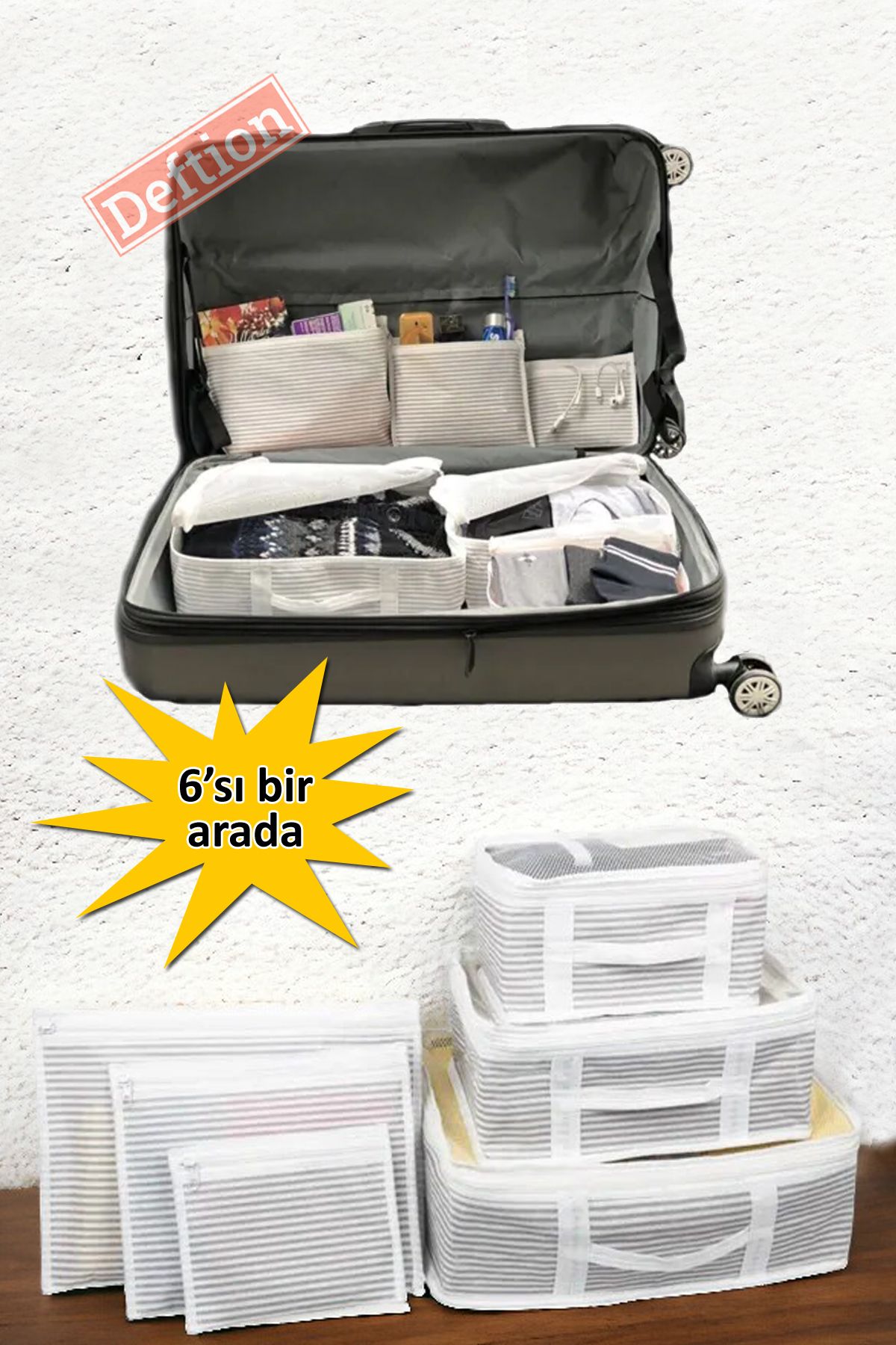 Deftion 6'lı Çanta Bavul Valiz Içi Organizer Düzenleyici Düzenleme Seti Gri Beyaz