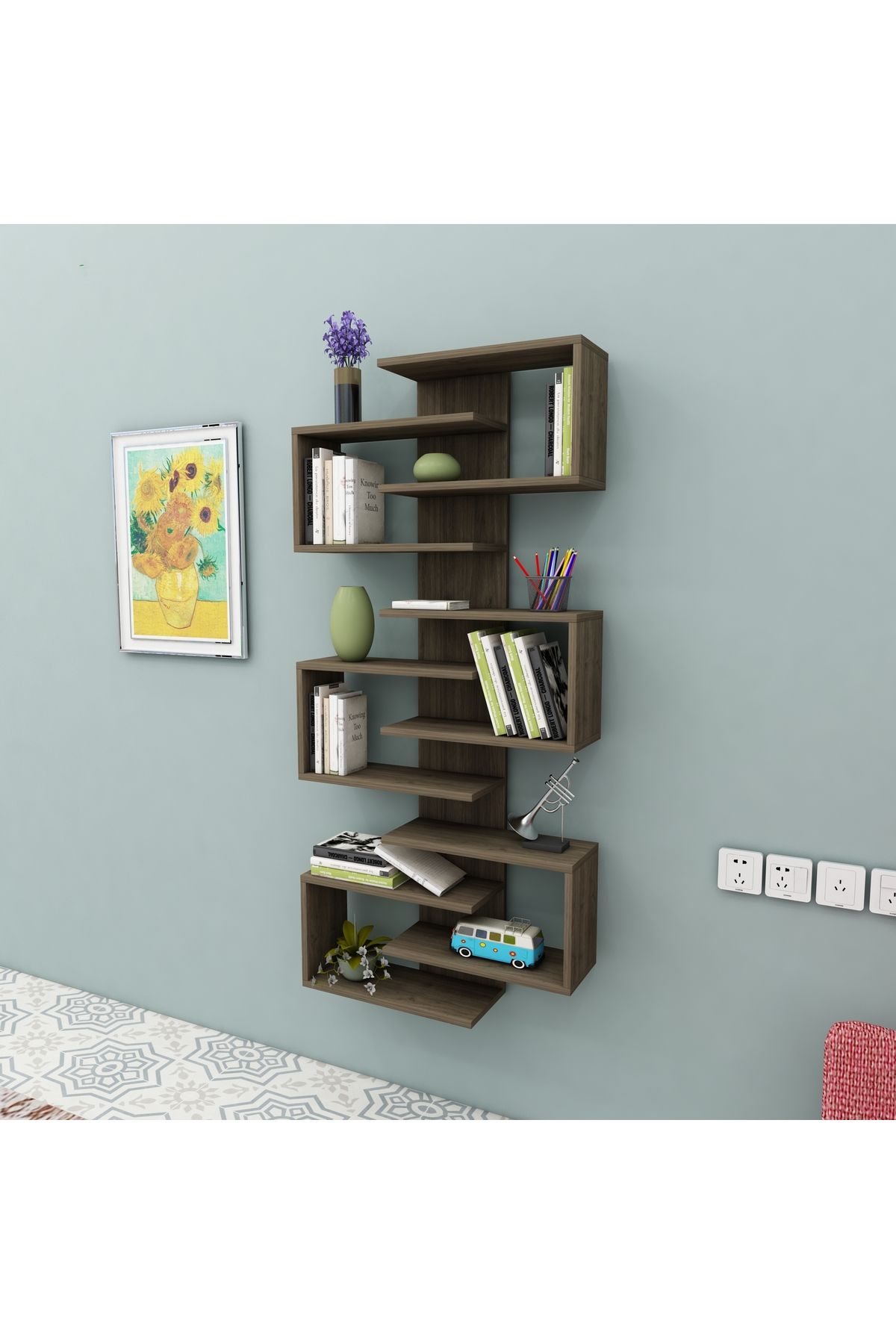 ARNETTİ-Lotus Wall Mounted Bookcase and Shelf with 6 Walnut Colored Shelves 3