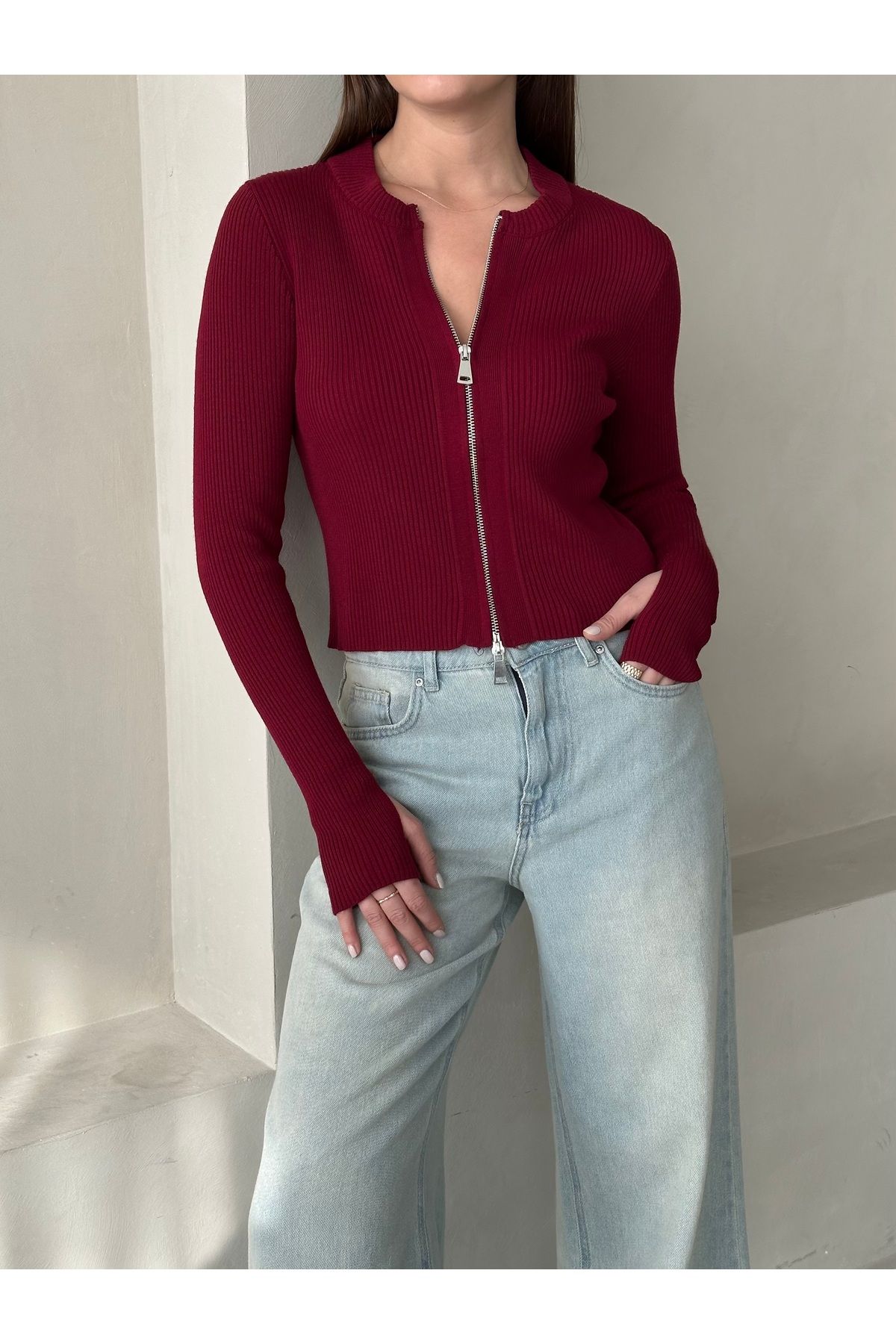 Laluvia-Burgundy Double Zippered Adjustable Cardigan with Hand Fitting Detail - 14506 2