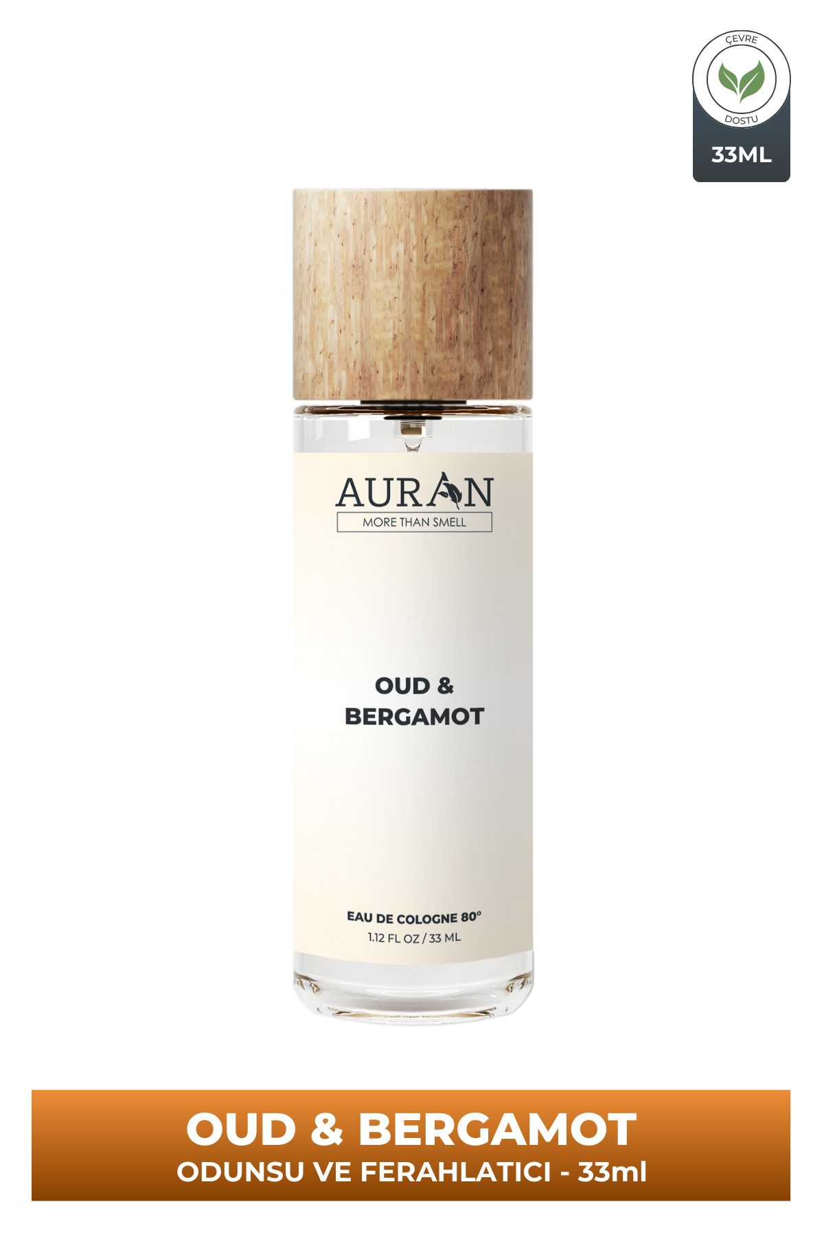 AURAN Oud & Bergamot Cam Şişe 80 Derece Kolonya Premium Eau de Cologne 33ml