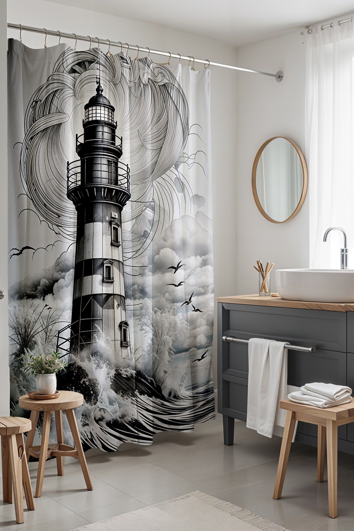 EVPANYA Banyo Perdesi, Siyah Beyaz Deniz Feneri Desenli Duş Perdesi, Küvet Perdesi 175x200cm