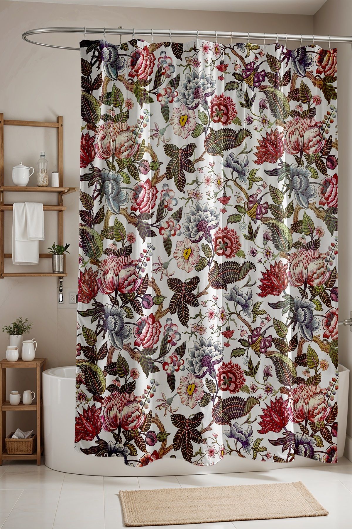 EVPANYA Banyo Perdesi, Karmaşık Kış Çiçekleri Desenli Duş Perdesi, Küvet Perdesi 175x200cm