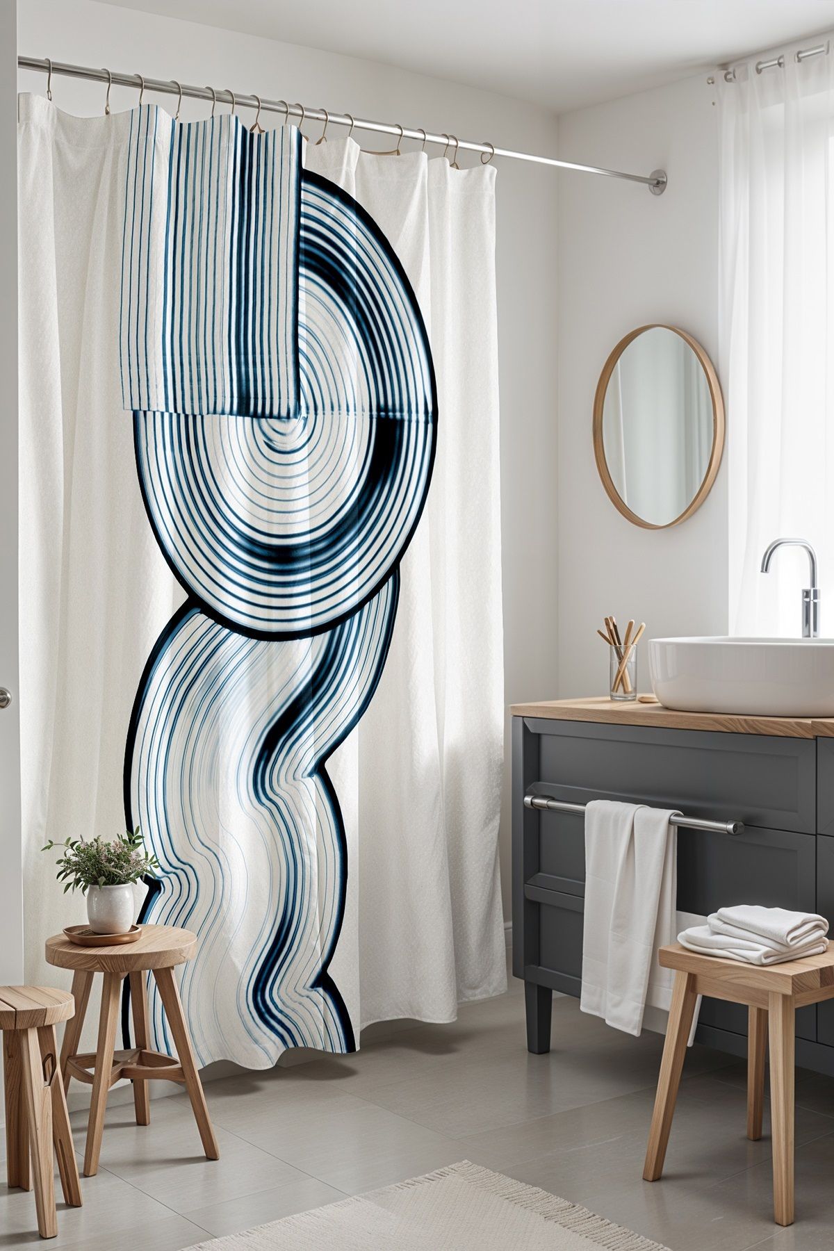 EVPANYA Banyo Perdesi, Lacivert Çizgili Soyut Desenli Duş Perdesi, Küvet Perdesi 175x200cm