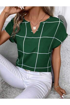 Butik Pbo11058 - Kısa Kollu Ekoseli Bluz - Yeşil
