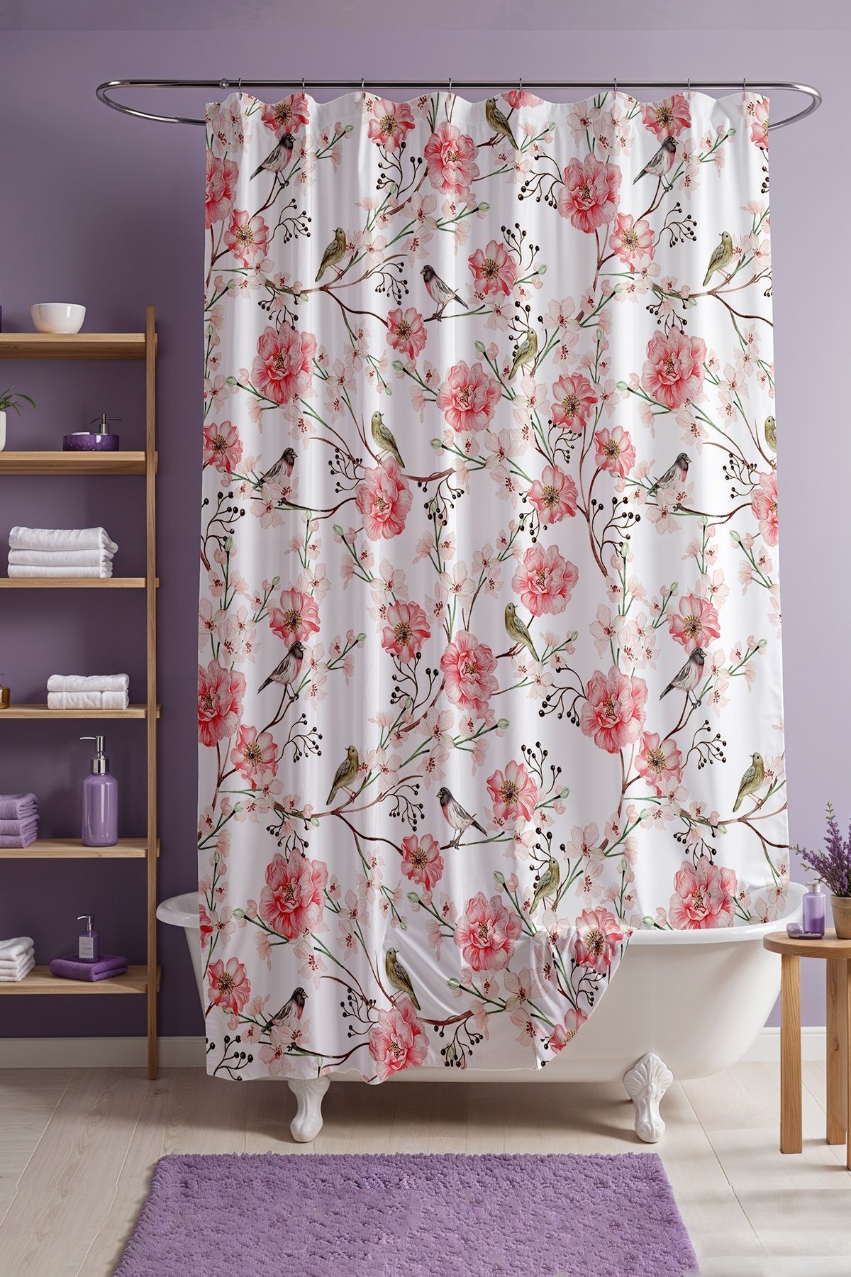 EVPANYA Banyo Perdesi, Pembe Çiçeklerde Serçeler Desenli Duş Perdesi, Küvet Perdesi 175x200cm
