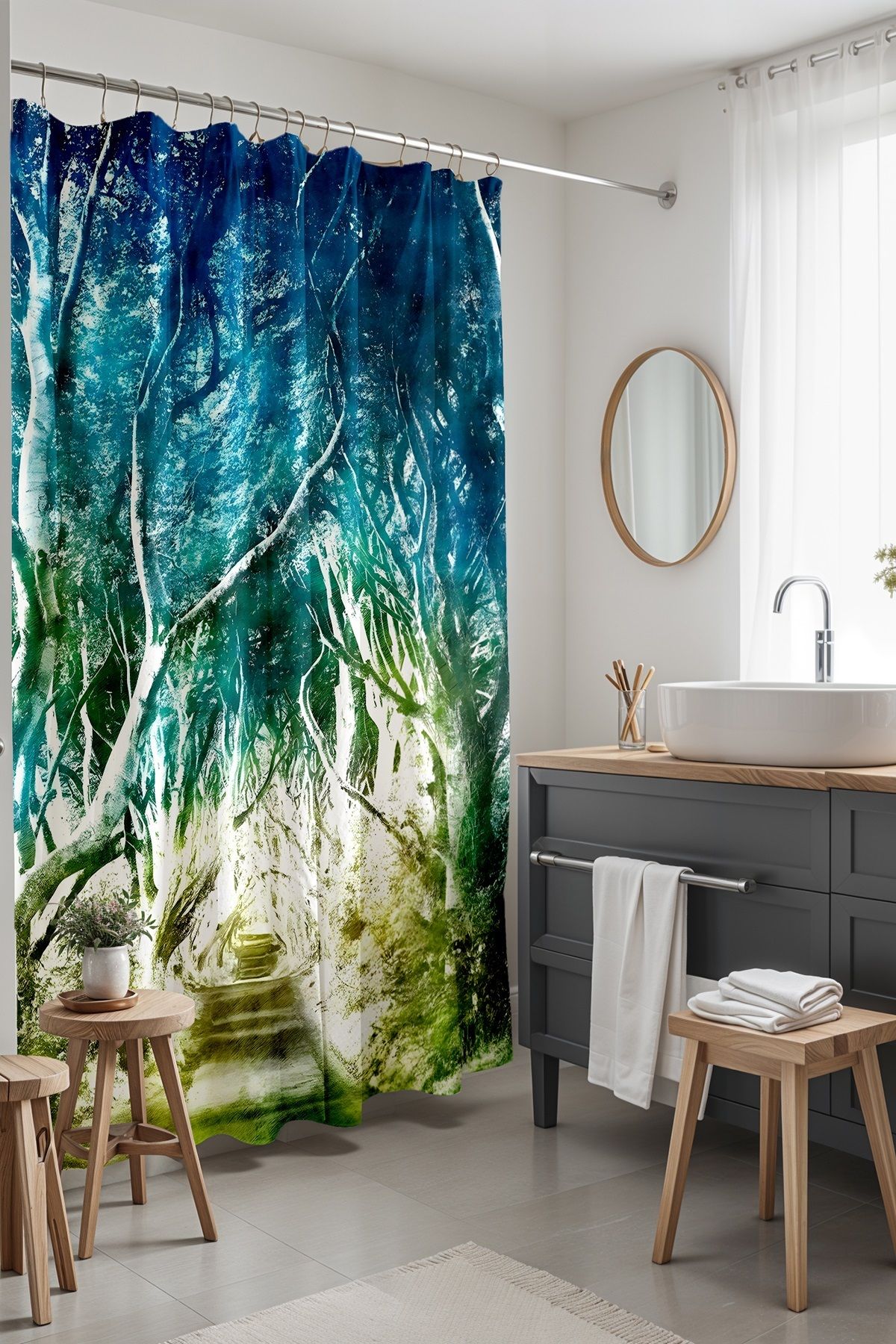 EVPANYA Banyo Perdesi, Büyülü Orman Yolu Desenli Duş Perdesi, Küvet Perdesi 175x200cm
