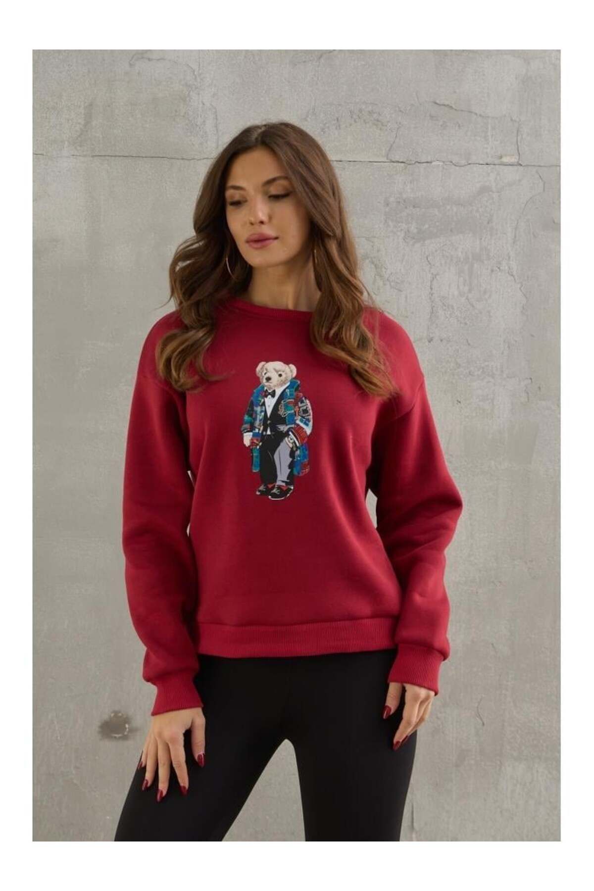 HARMONY GLOBAL-Women's Burgundy Soft Textured Teddy Bear Printed 3 Thread Raised Oversize Sweatshirt 3