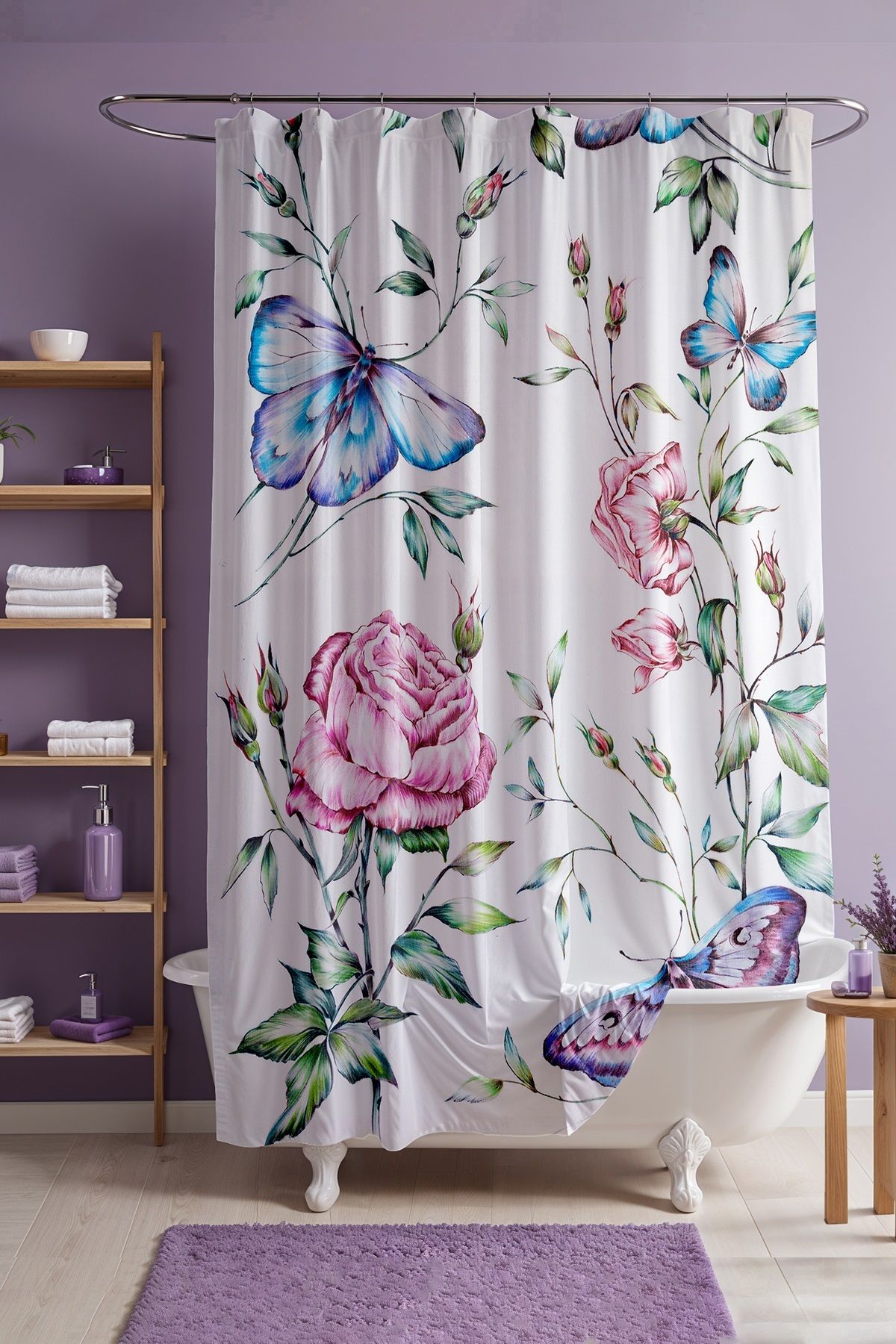 EVPANYA Banyo Perdesi, Daldaki Renkli Kelebekler Desenli Duş Perdesi, Küvet Perdesi 175x200cm