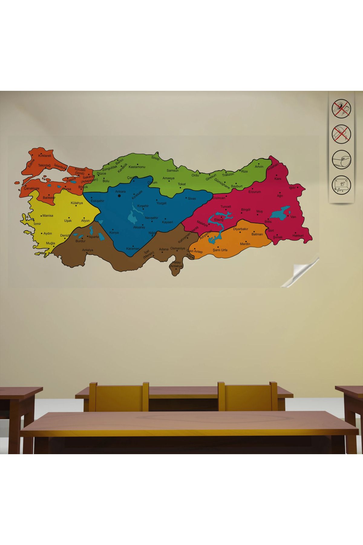 ZERO LAND Statik Kağıt Renkli Türkiye Bölgeler Haritası 83 CM X 150 CM 632128