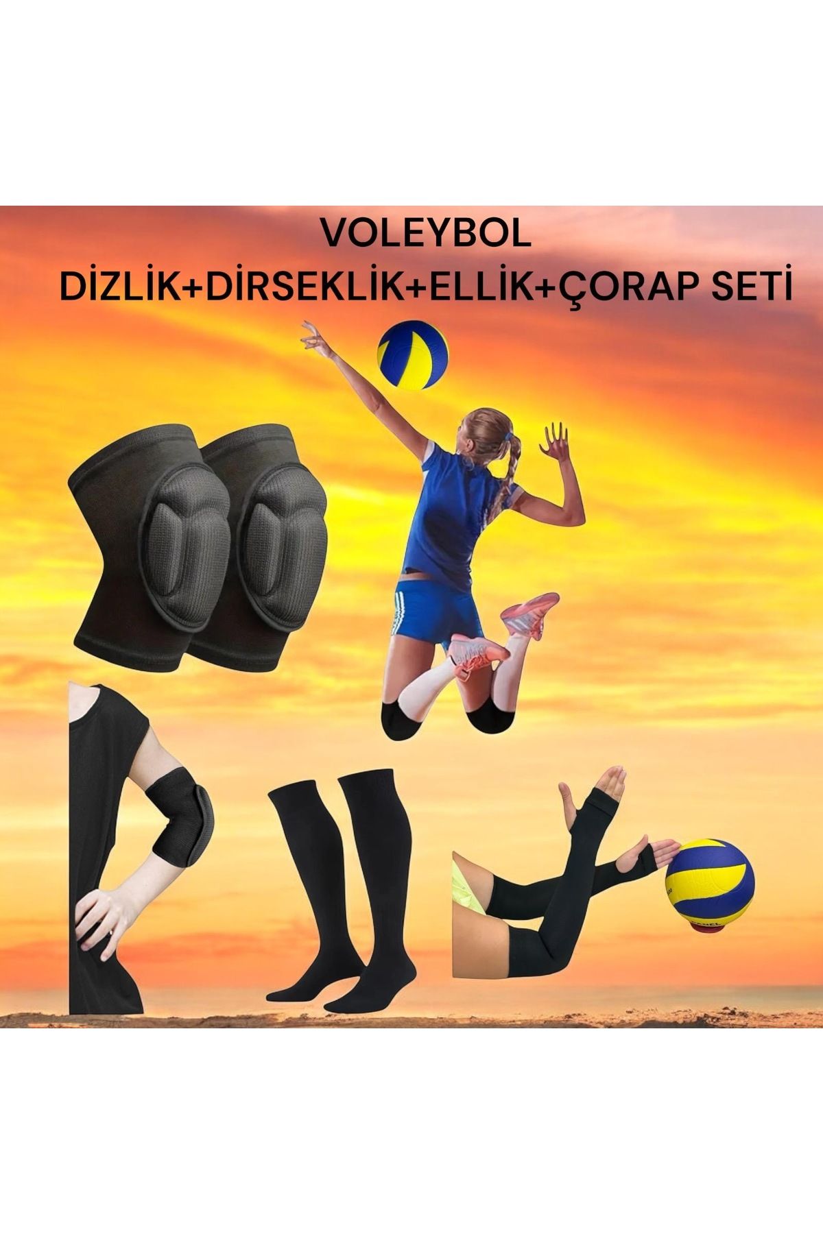 Gök Sports Yetişkin Voleybol Dizliği Voleybol Dirsekliği Elliği Çorabı Kapartma Sünger Destekli 4’lü Set