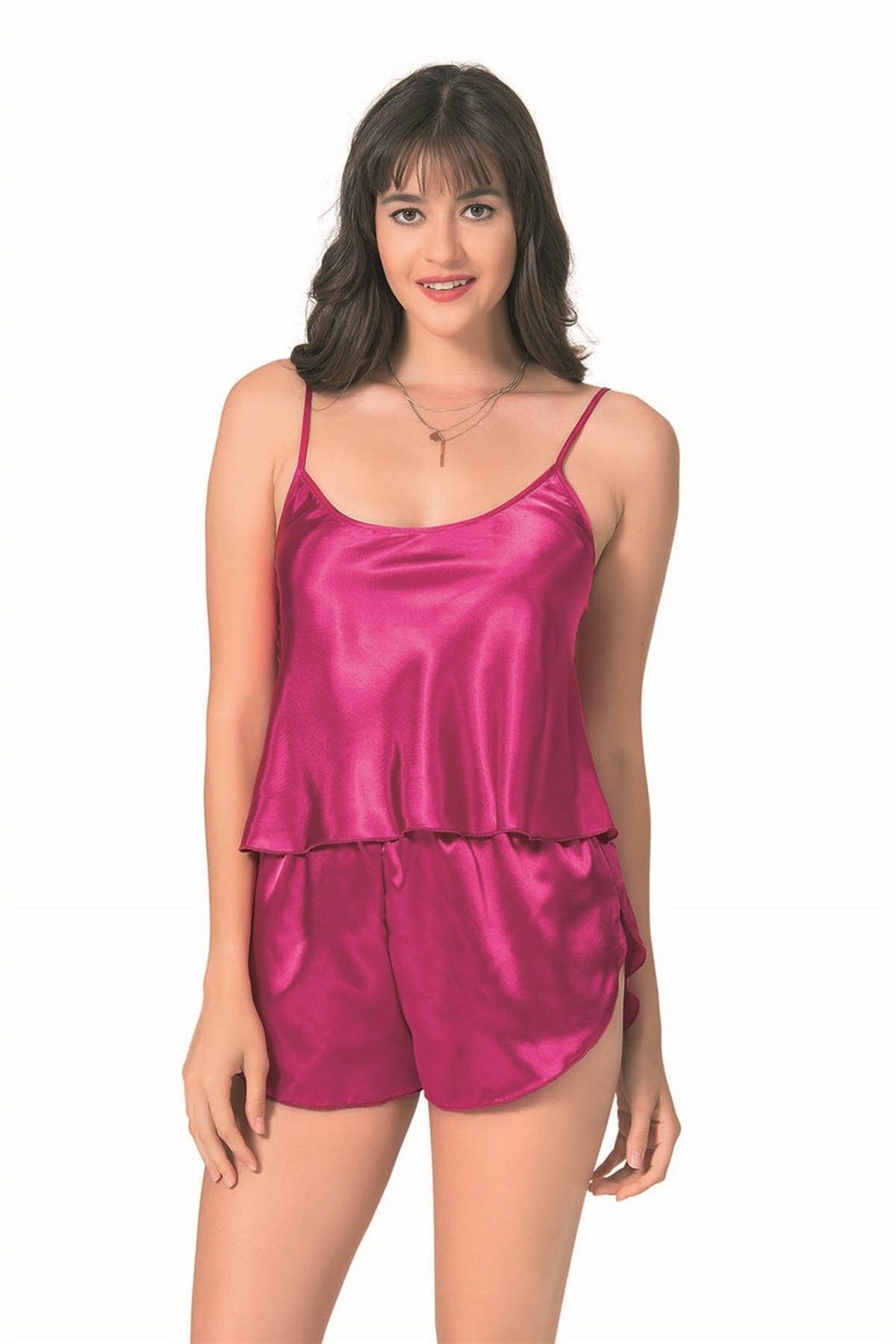 BYR Fırsat Byr Vişne Saten Babydoll Şort Takımı Yeni