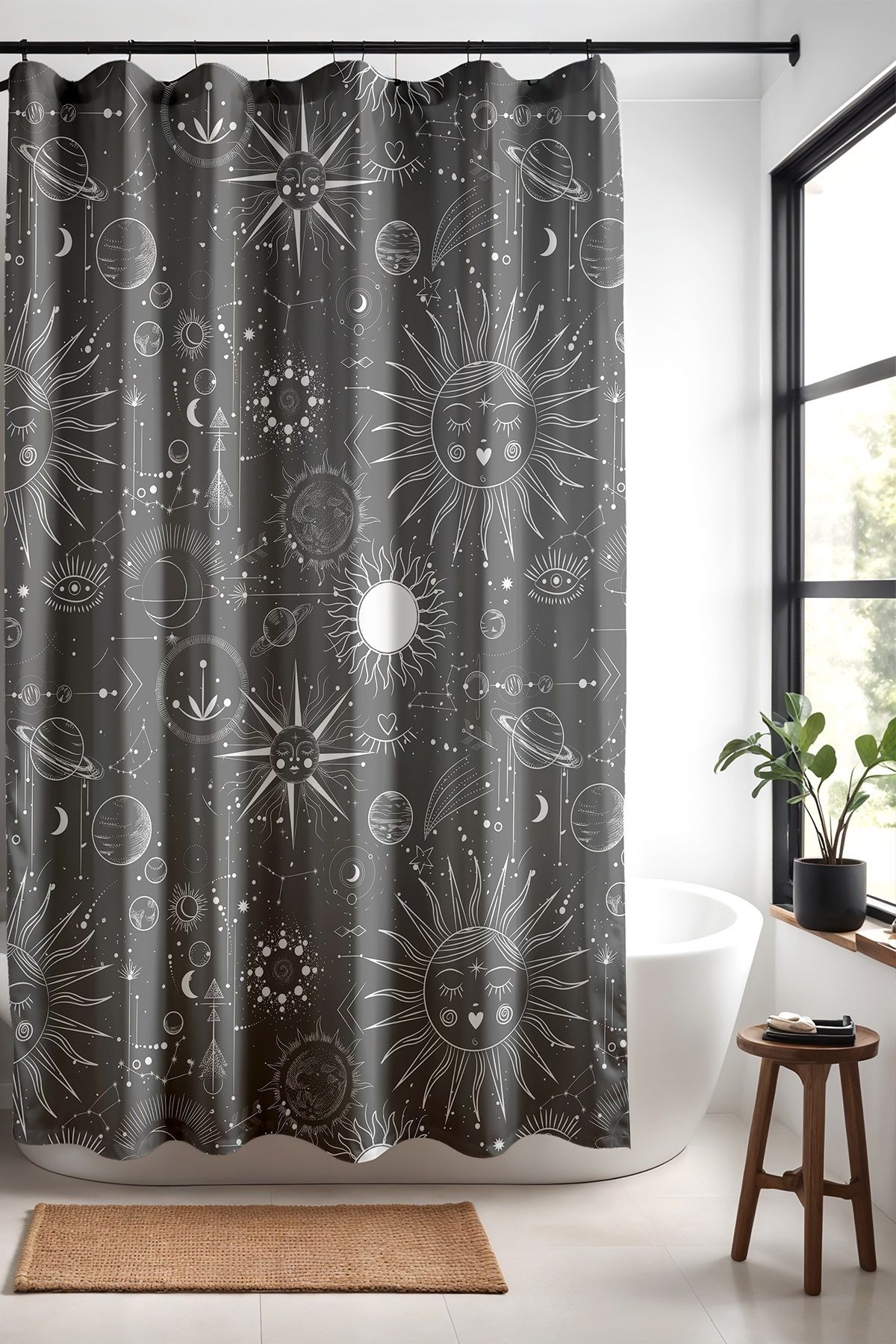 EVPANYA Banyo Perdesi, Gri Bohem Güneş ve Yıldız Haritası Desenli Duş Perdesi, Küvet Perdesi 175x200cm