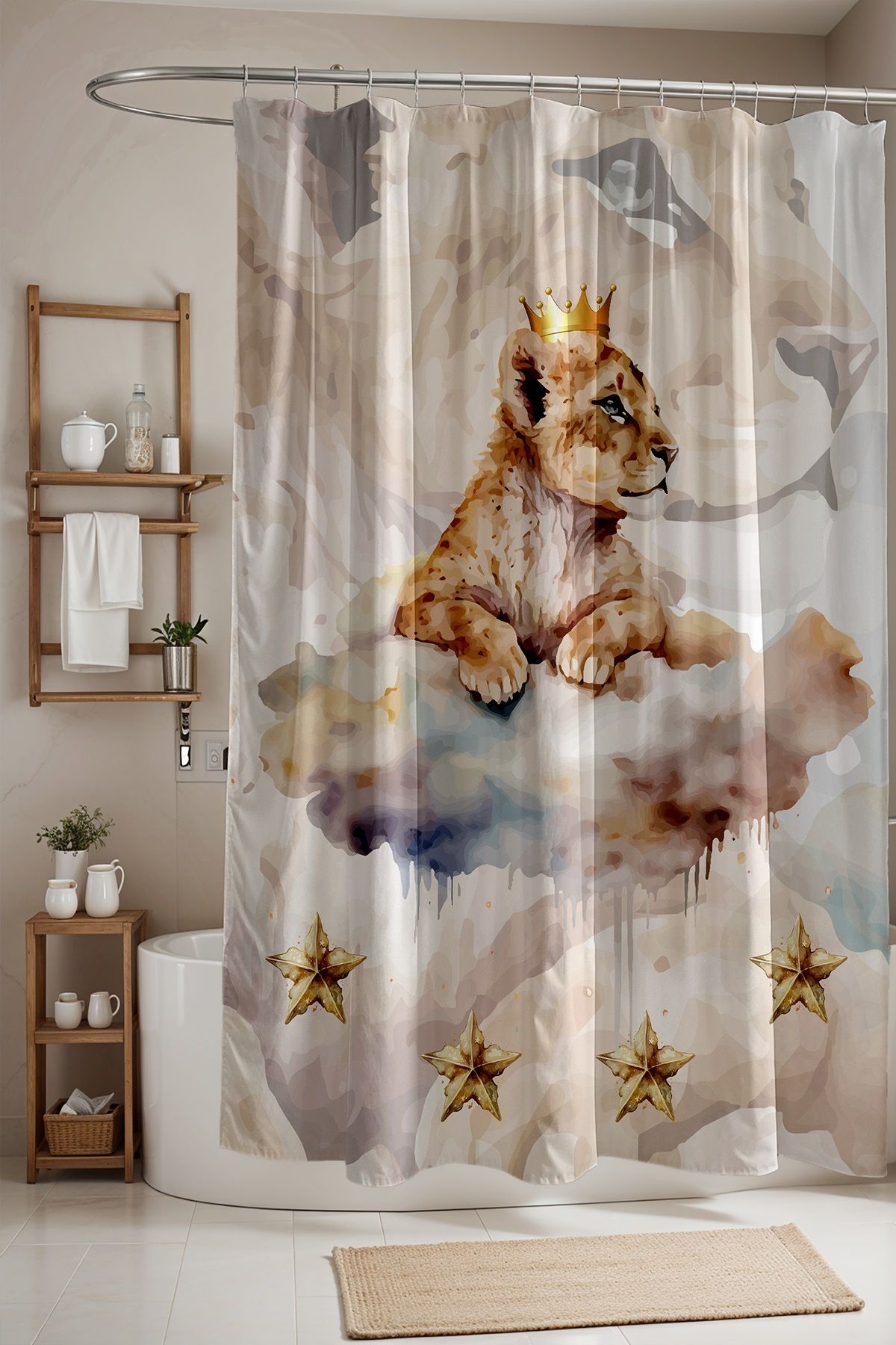 EVPANYA Banyo Perdesi, Yavru Kral Aslan Desenli Duş Perdesi, Küvet Perdesi 175x200cm