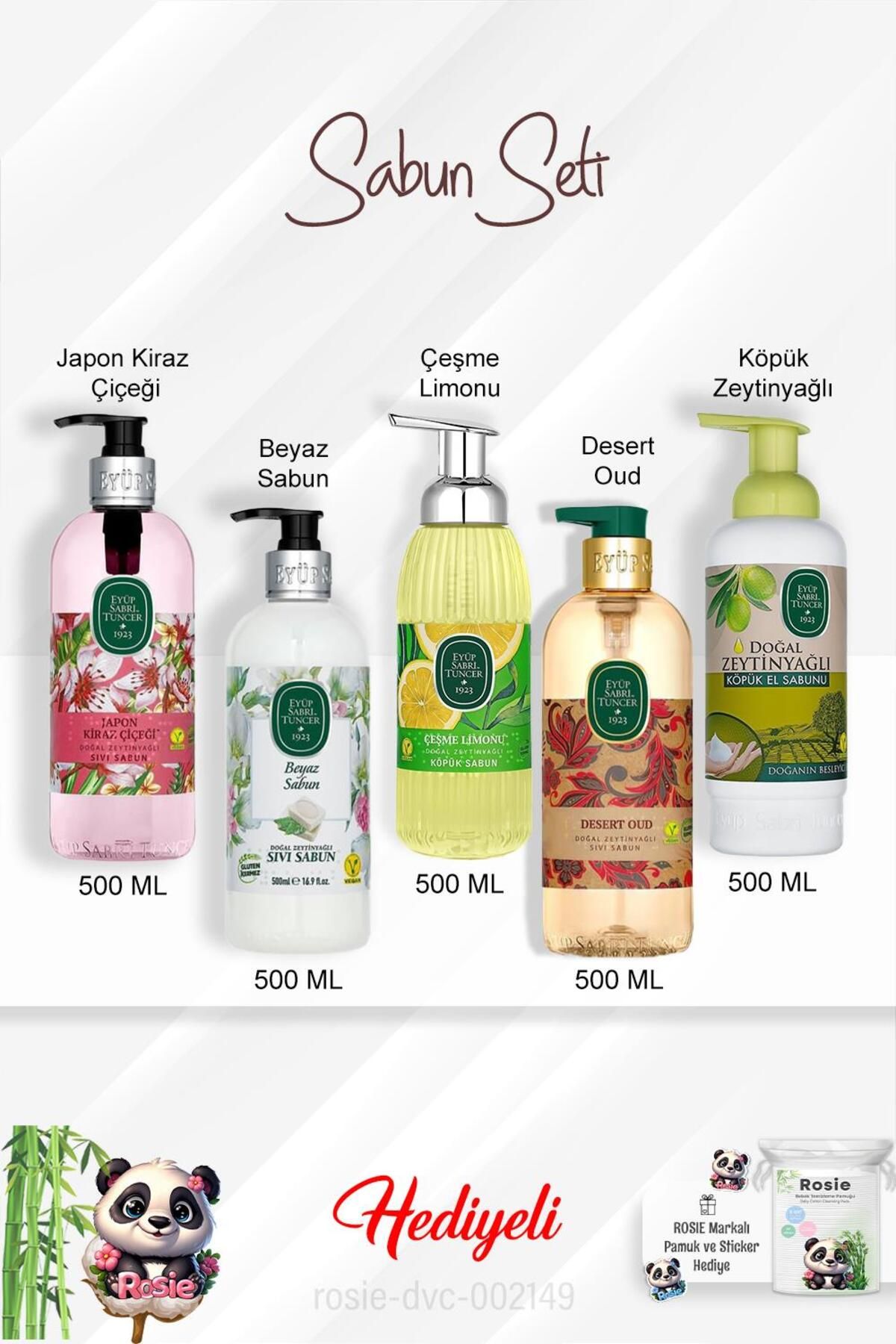 Eyüp Sabri Tuncer 500 ML Sabun Paket Zeytinyağlı, Desert Oud, Beyaz Sabun, Çeşme Limonu, Japon Kiraz Çiçeği ve Rosie
