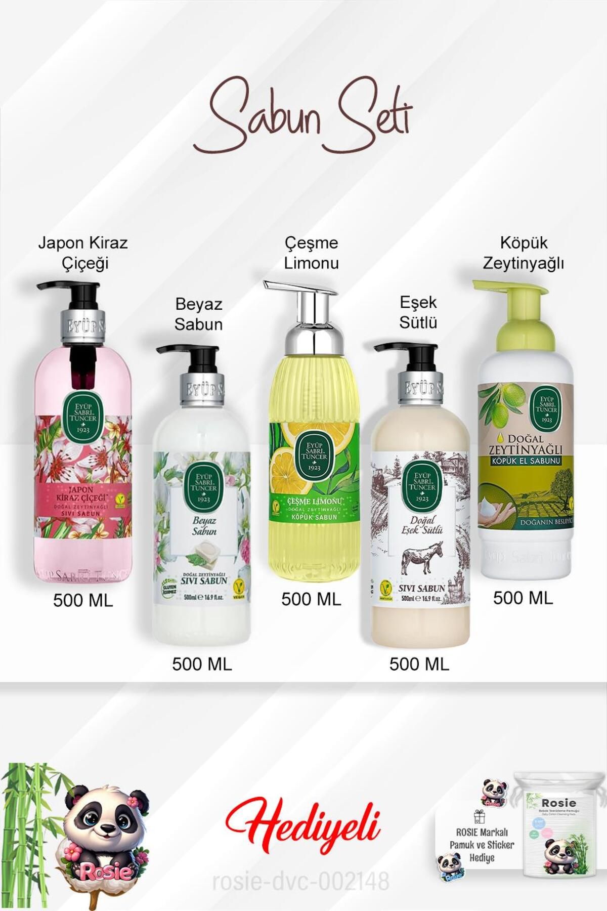 Eyüp Sabri Tuncer Sabun Paket 500 ML Zeytinyağlı, Eşek Sütlü, Beyaz Sabun, Çeşme Limonu, Japon Kiraz Çiçeği ve Rosie