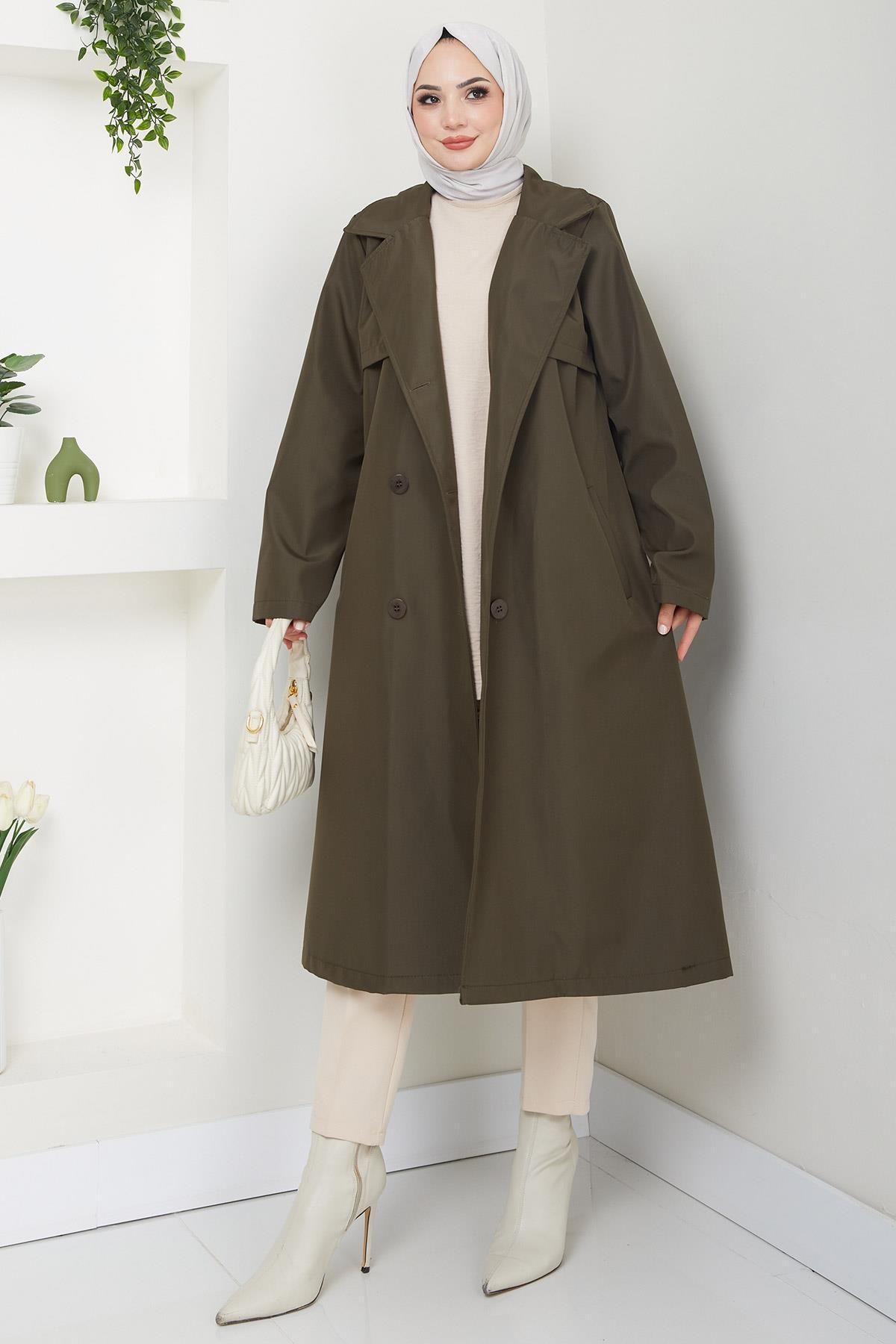 hafsamina-Khaki Plus Size Trench Coat - Hm2637 2