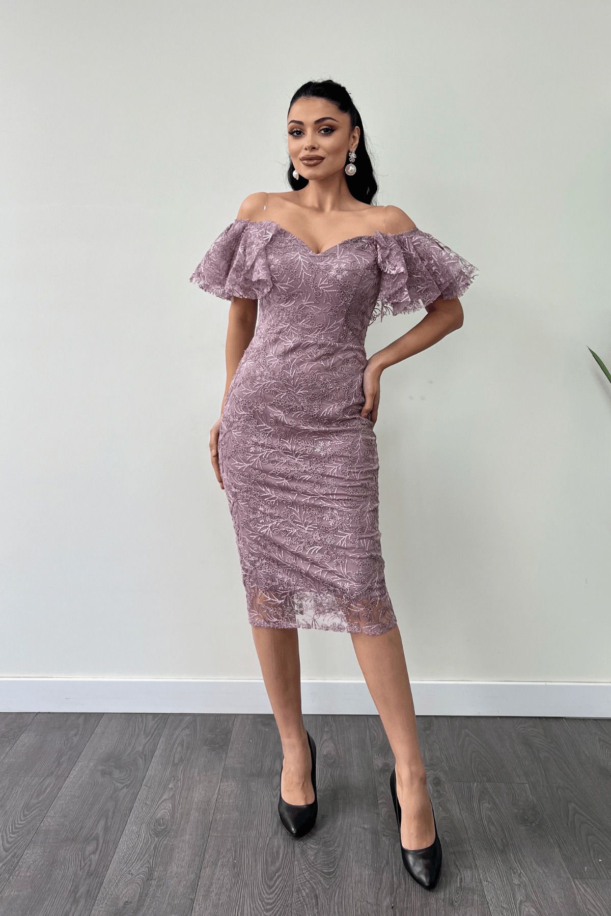 giyimmasalı Rochie Creion Cu Gât Barcă Brodat Din Dantelă - Dusty Rose Femeie - 42
