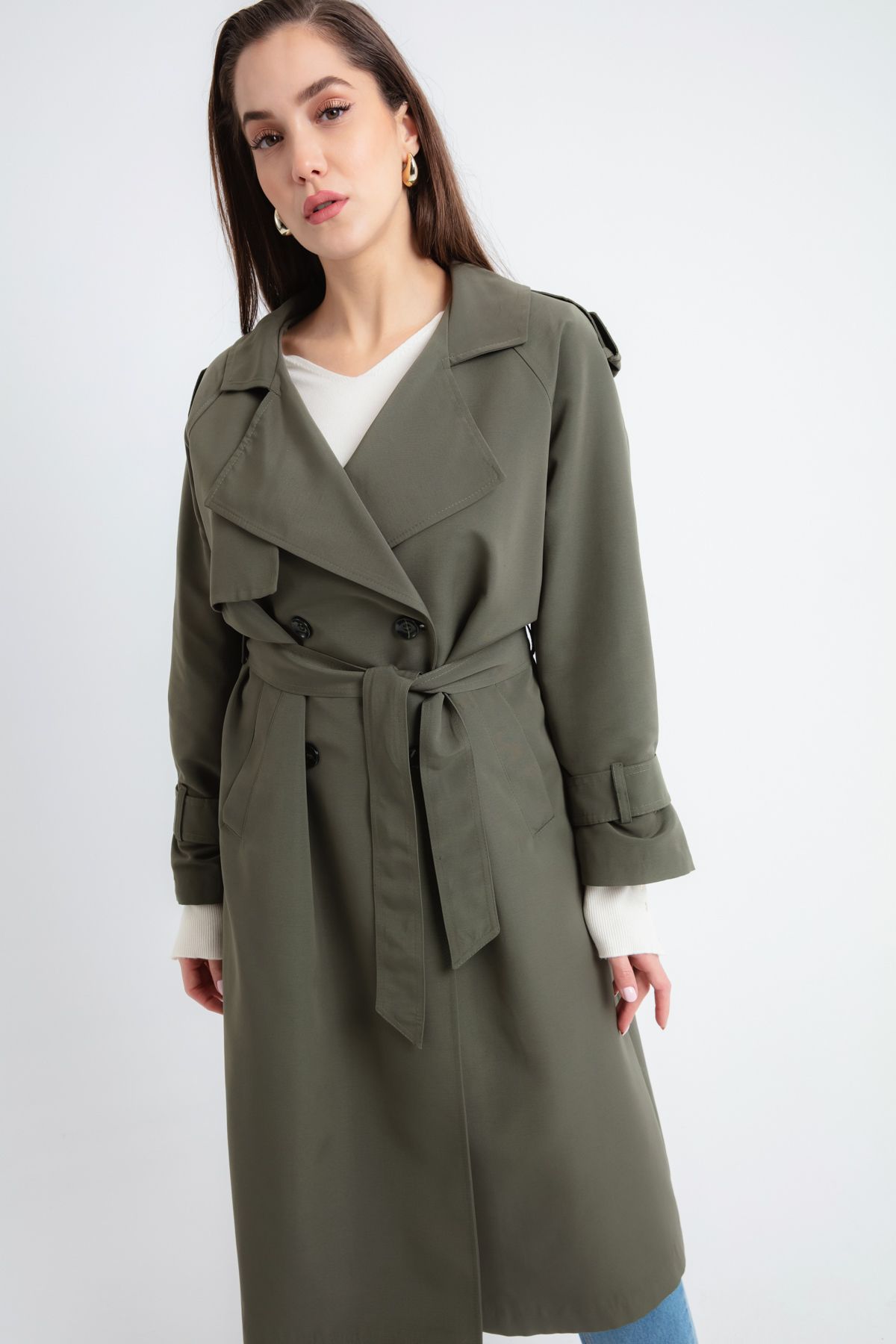 OFZE-Women's Khaki Belted Long Trench Coat 2