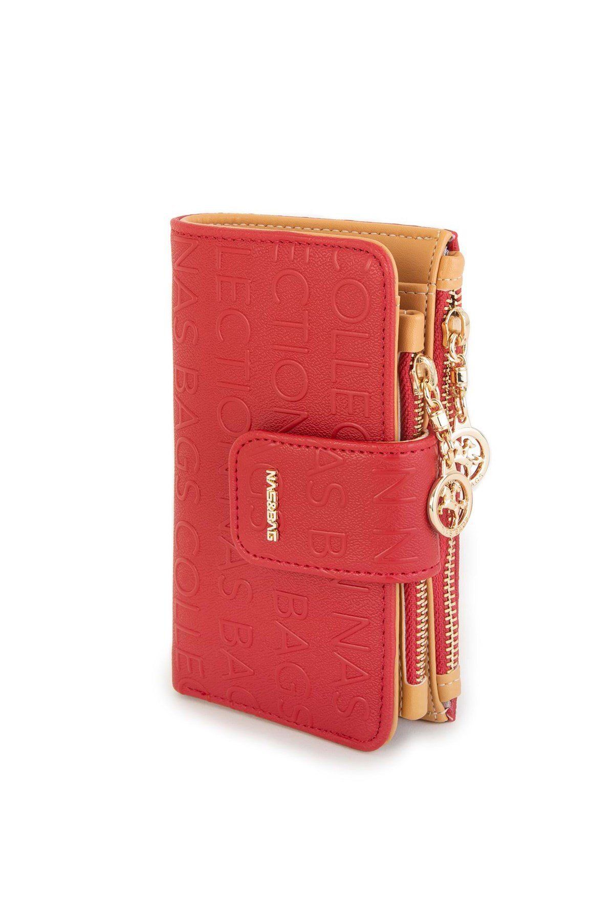 Çlk Accessories-Portofel imprimat în relief 6+1 Compartiment pentru carduri de credit Închidere cu apăsare Trc Wallet002-5 Red-camel 1