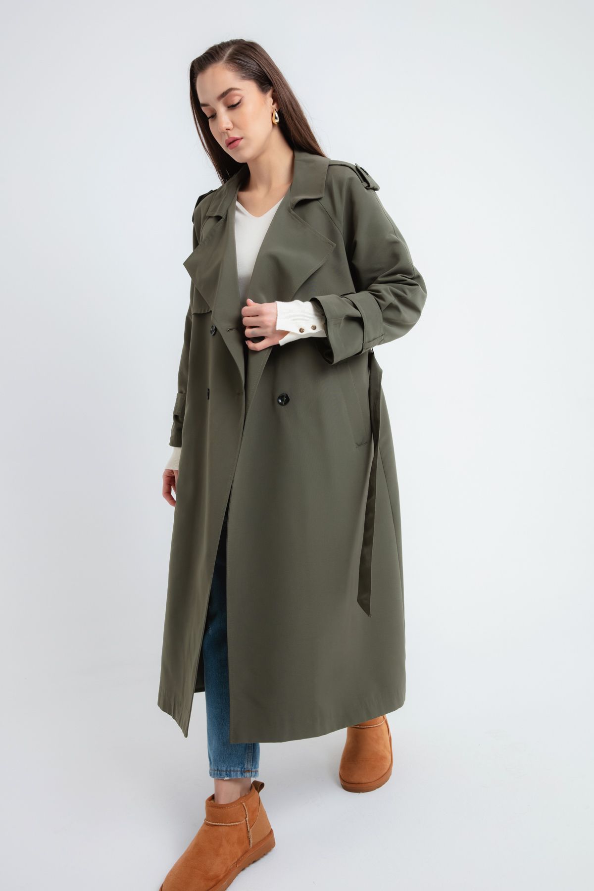 OFZE-Women's Khaki Belted Long Trench Coat 3