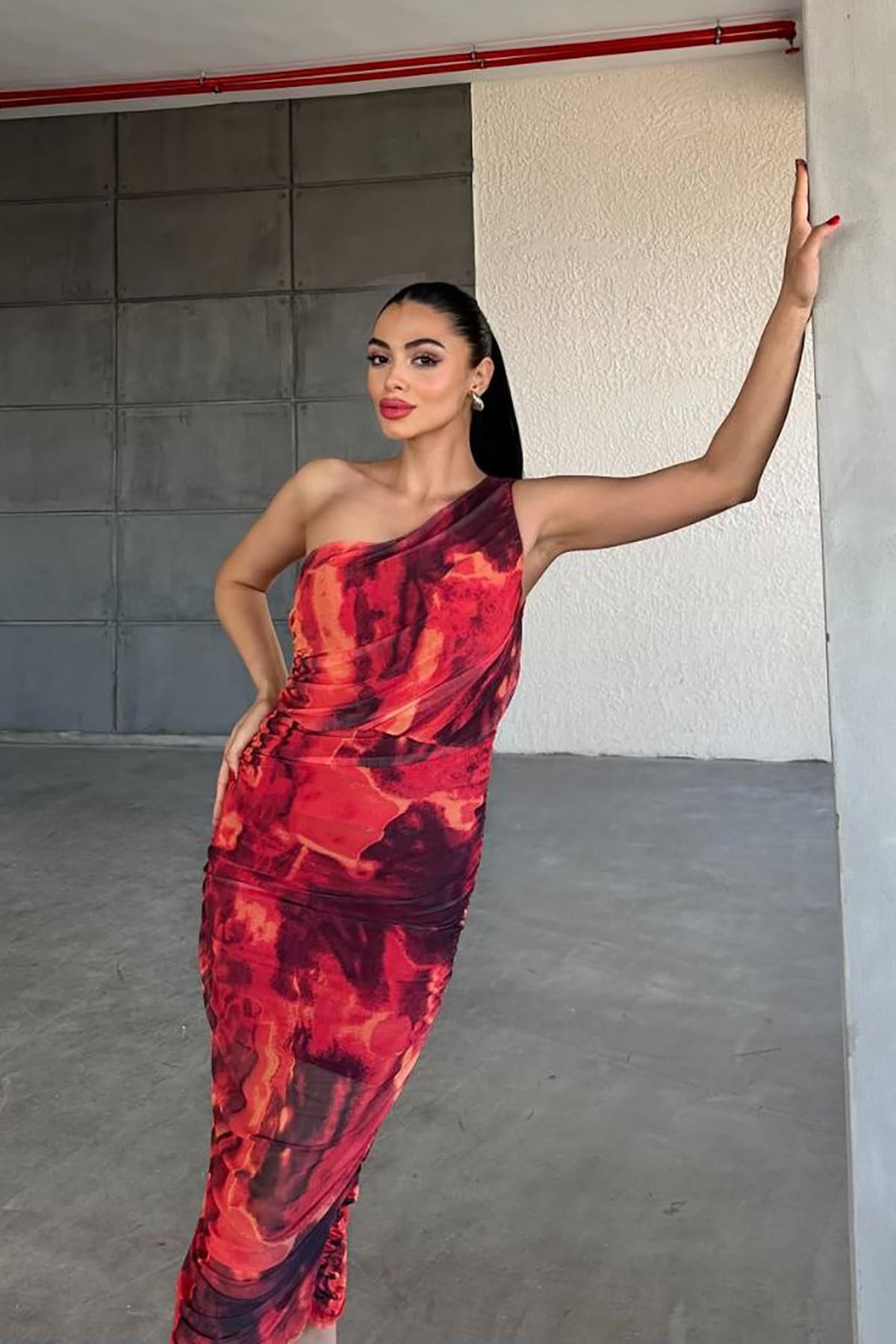 Deafox-One Shoulder Red Patterned Draped Midi Dress 5
