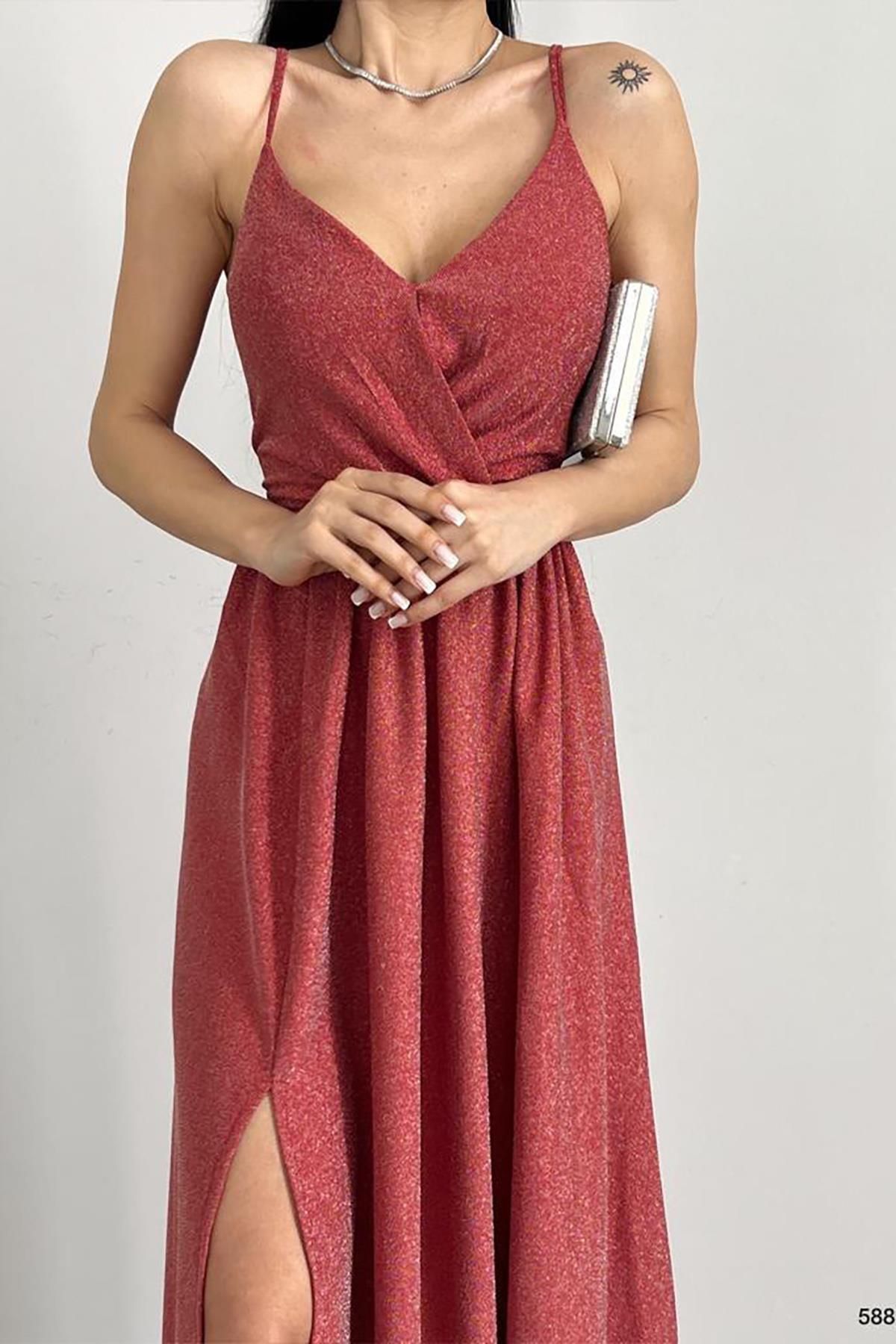 Deafox-Hellrotes langes Abendkleid mit zweireihigem Kragen und Glitzerstoff 2