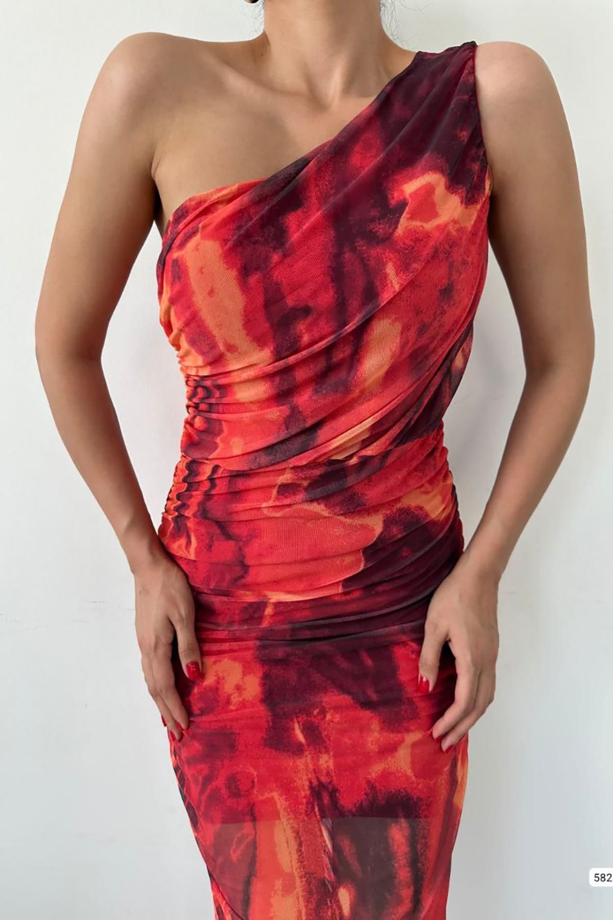 Deafox-One Shoulder Red Patterned Draped Midi Dress 8