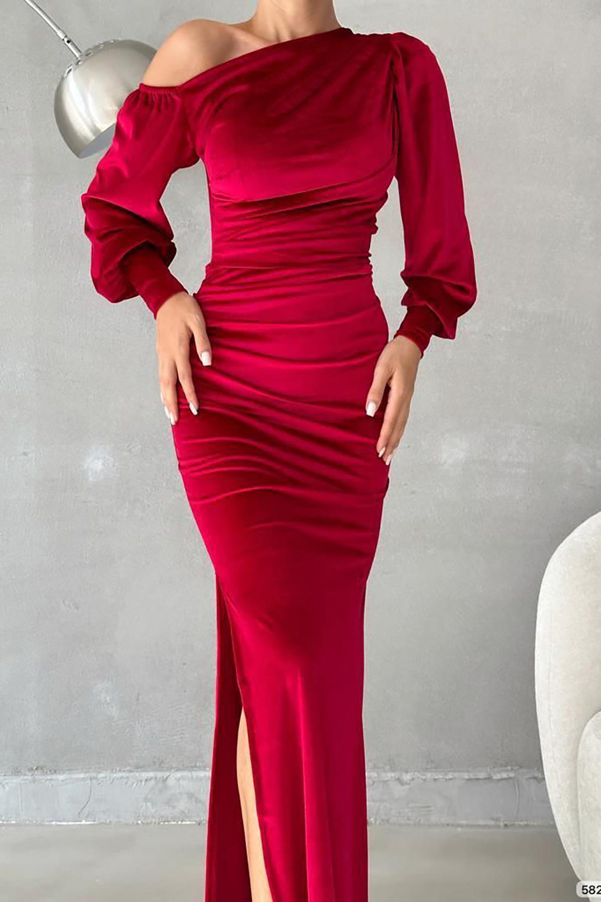 Deafox Bordó egy váll nyitott részletek bársony szövet Maxi Length hosszú ujjú ruha