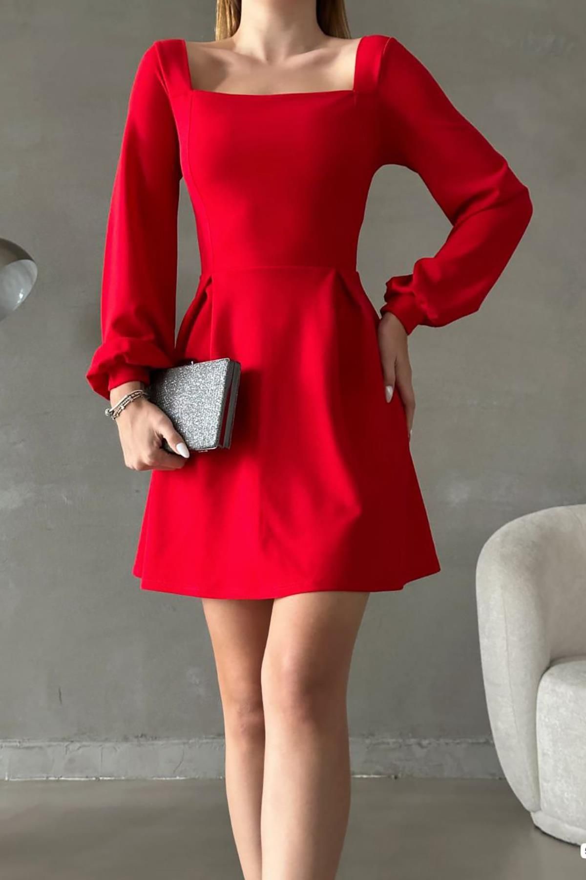 Deafox-Rotes Basic-Kleid mit langen Ärmeln und quadratischem Kragen aus importiertem Kreppstoff 6