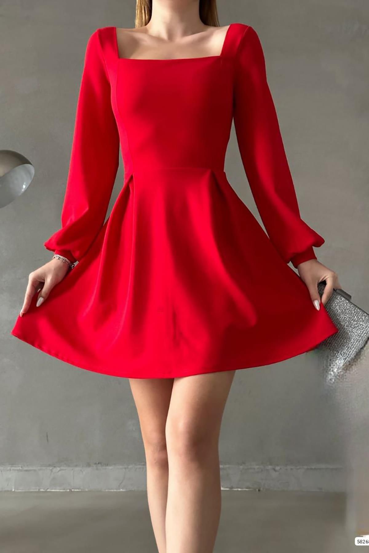 Deafox-Rotes Basic-Kleid mit langen Ärmeln und quadratischem Kragen aus importiertem Kreppstoff 3