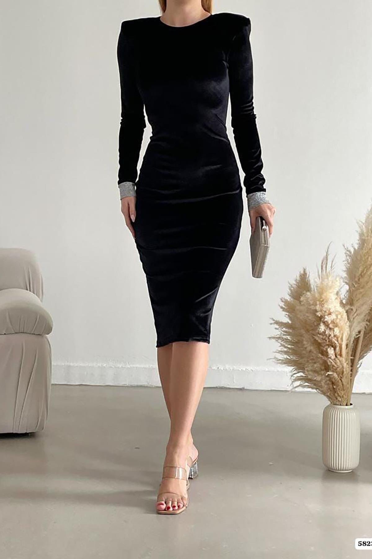 Deafox-Schwarzes, langärmliges Kleid aus Samtstoff in Midilänge mit Ärmeldetail 4