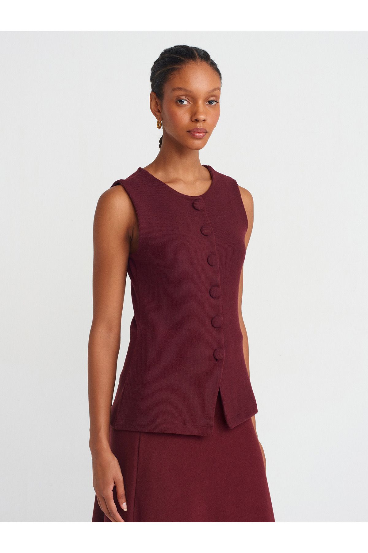 Dilvin-65484 Thessaloniki Buttoned Vest-Claret Red 1