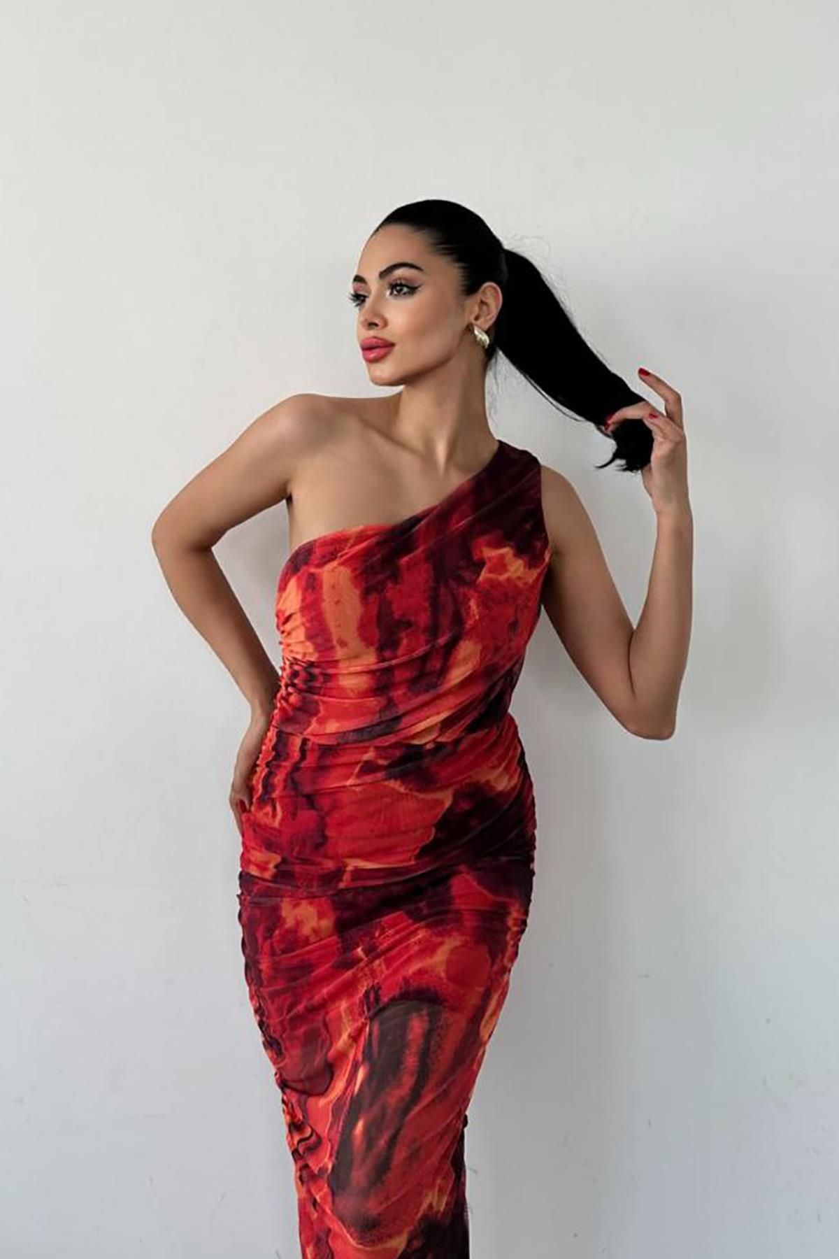 Deafox-One Shoulder Red Patterned Draped Midi Dress 6