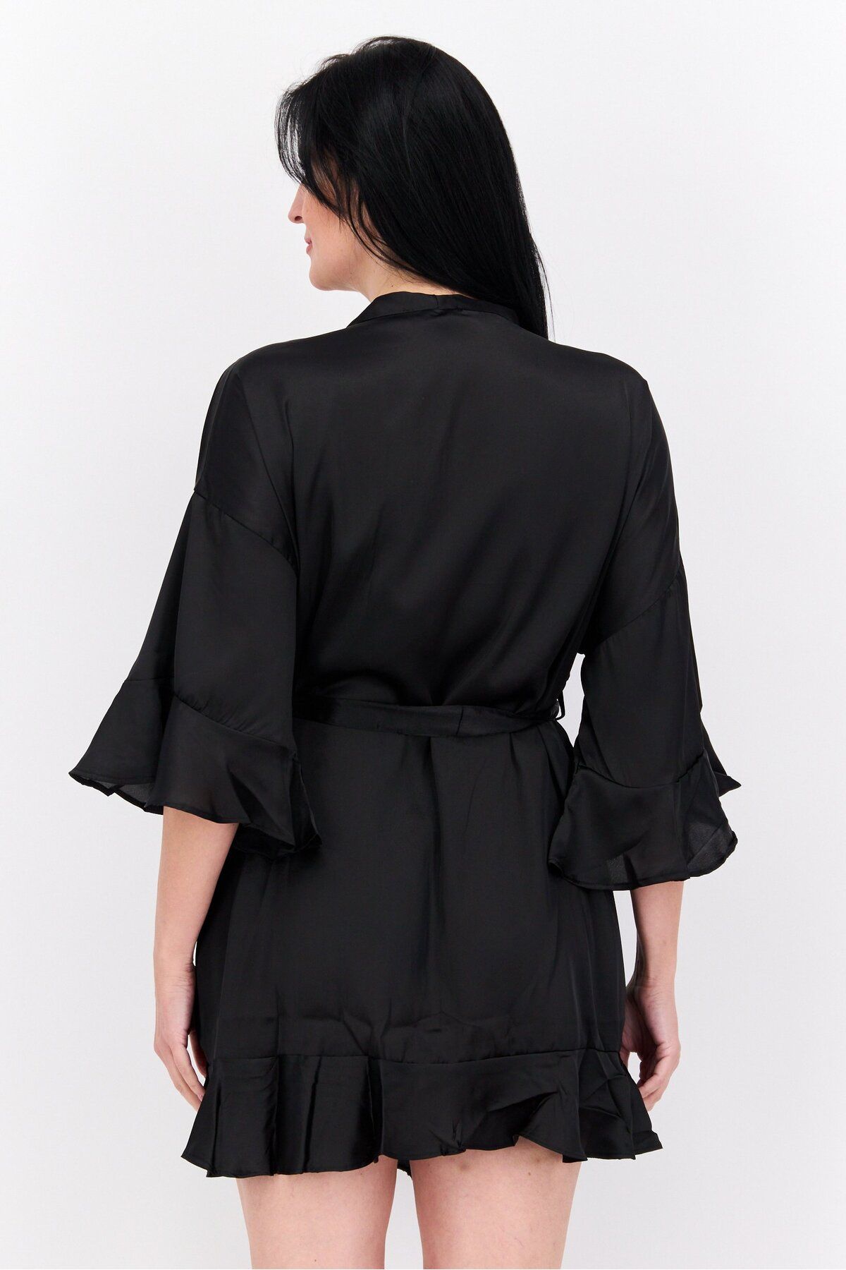 Brave Soul-Women Plain Short Sleeves Belted Robe, Black 2