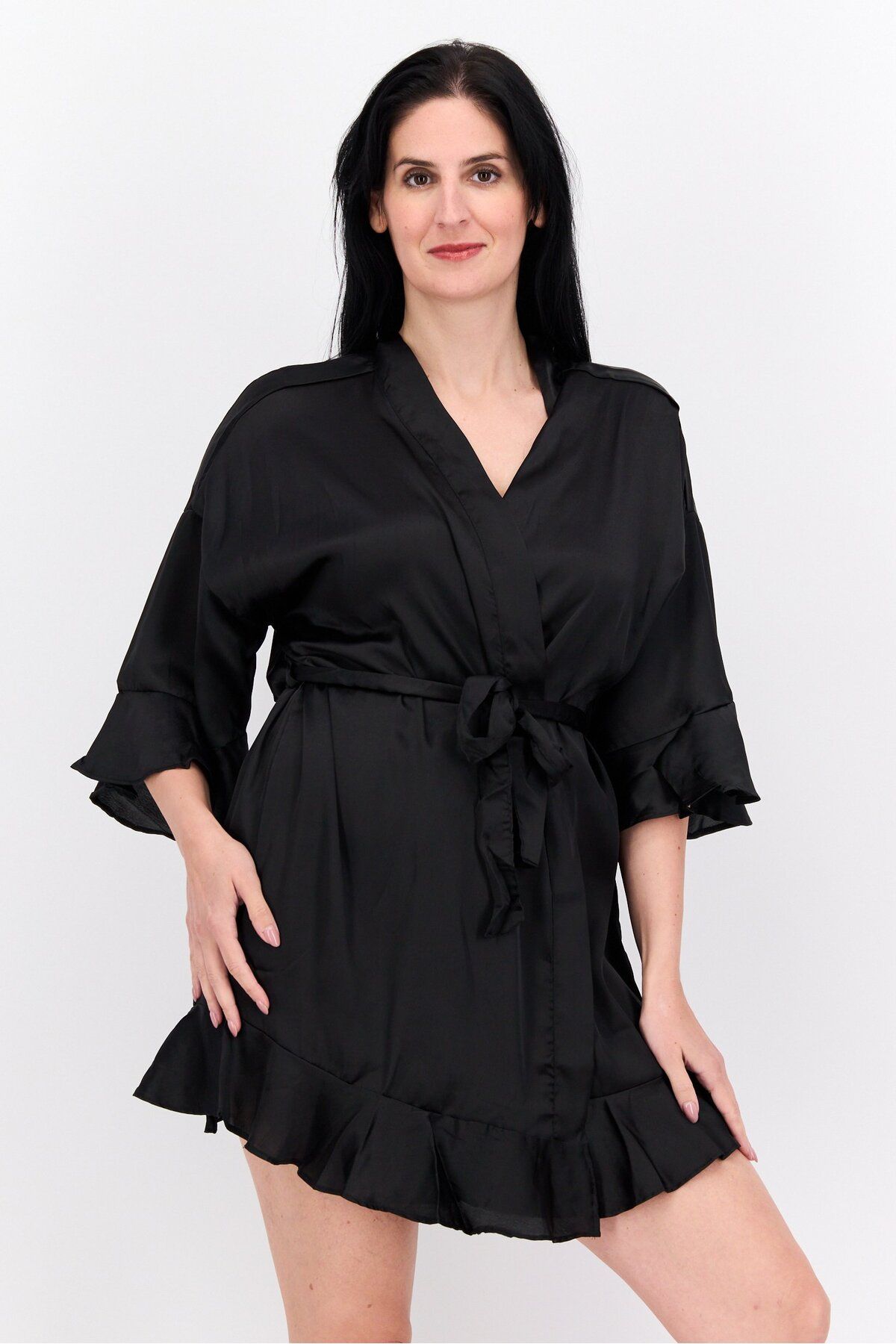 Brave Soul-Women Plain Short Sleeves Belted Robe, Black 1