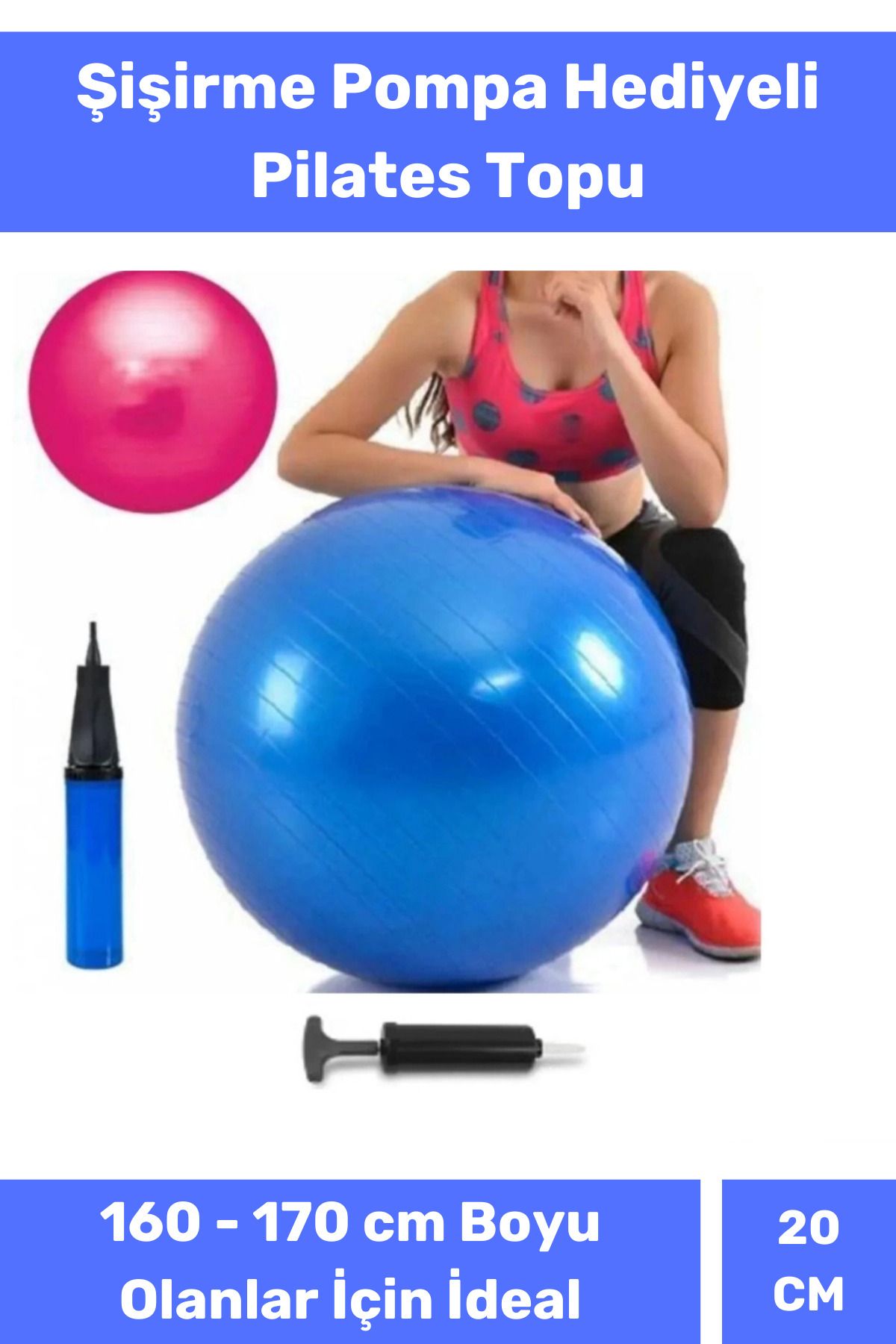 Lidyacottone Mini Gymball 20cm Mavi Pilates Denge Egzersiz Topu Profesyonel Seri Şişirme Pompa