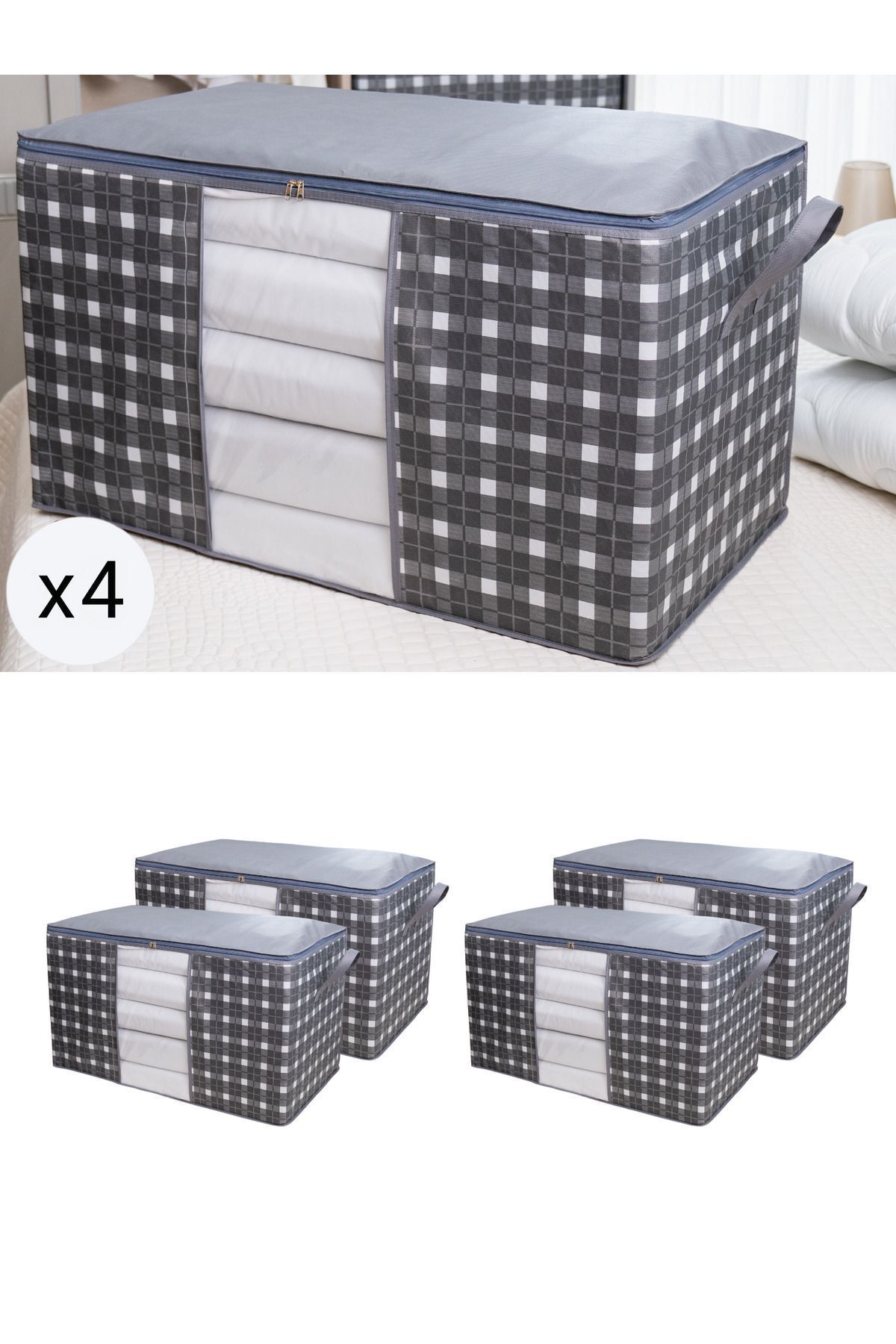 teknotrust-Gray Plaid Square Patterned Mega Size Windowed Pillow and Quilt Bag Set - 4 Pieces 90X50X50 cm 1