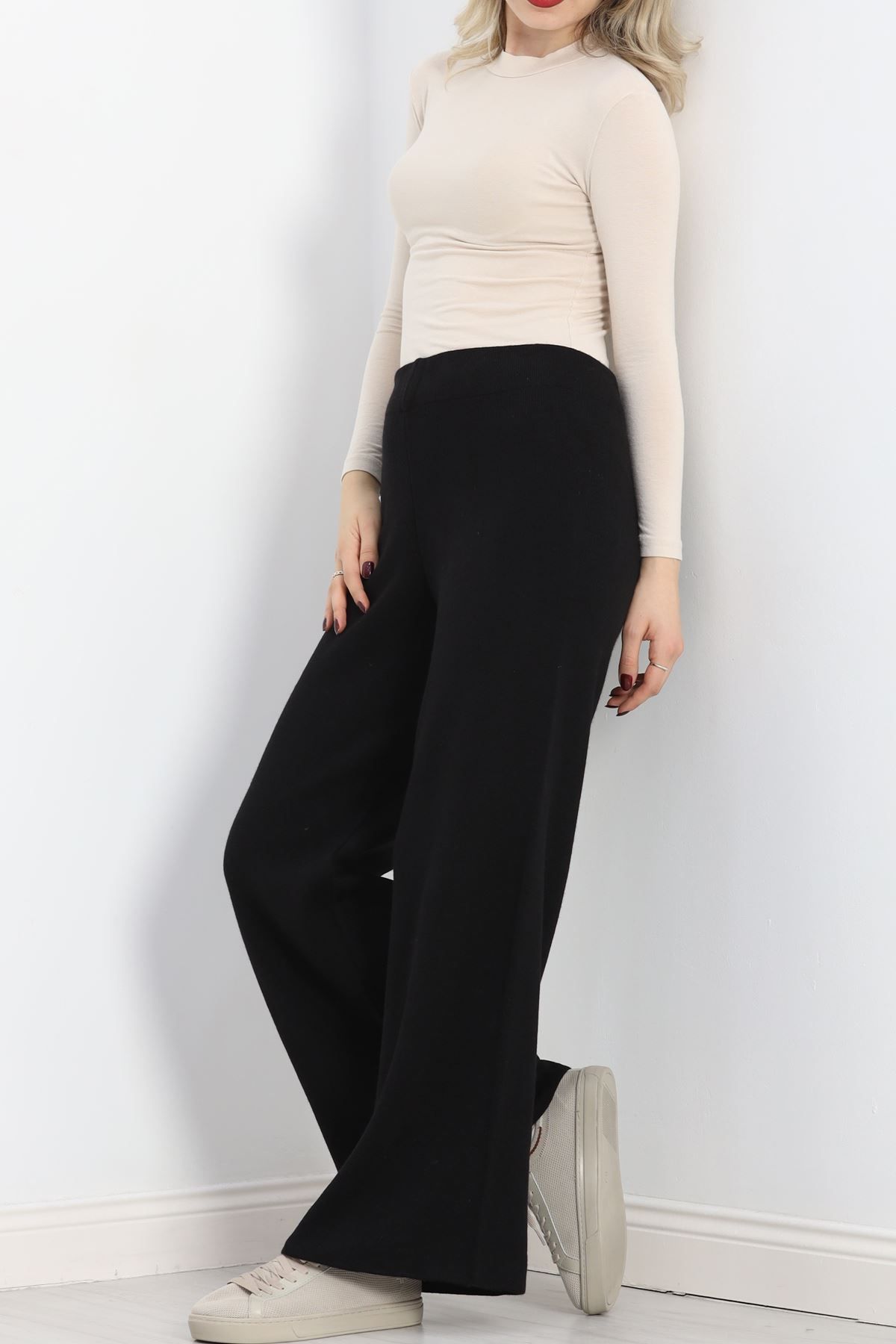 melonika-Black Knitwear Wide Leg Trousers 1