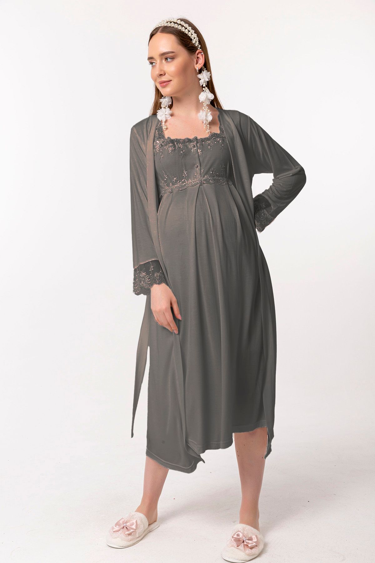 ByLohusa-Effortt Smoked Maternity Nightgown Set with Dressing Gowns 2