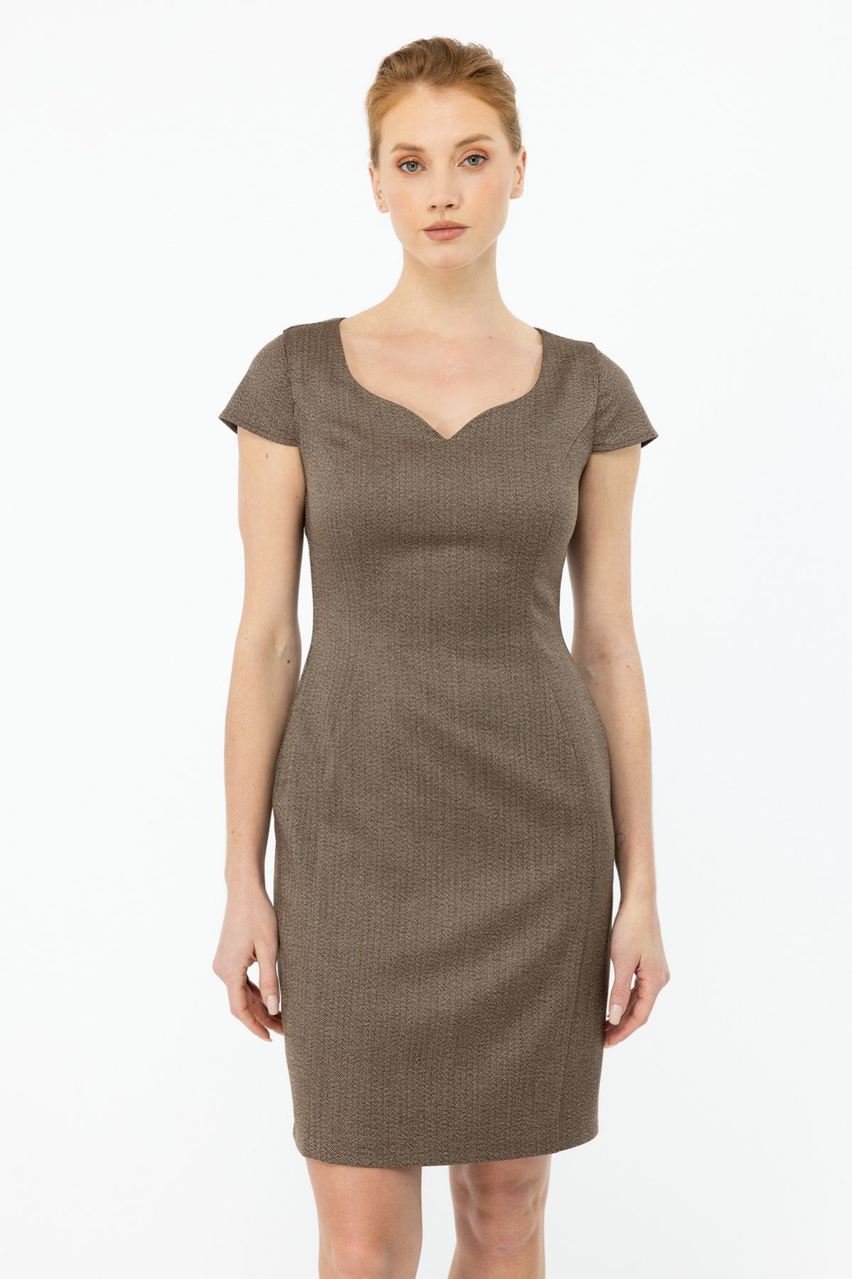 Ekol-Rochie midi pentru femei cu model în oase de pește - 5159 Cocoa 3
