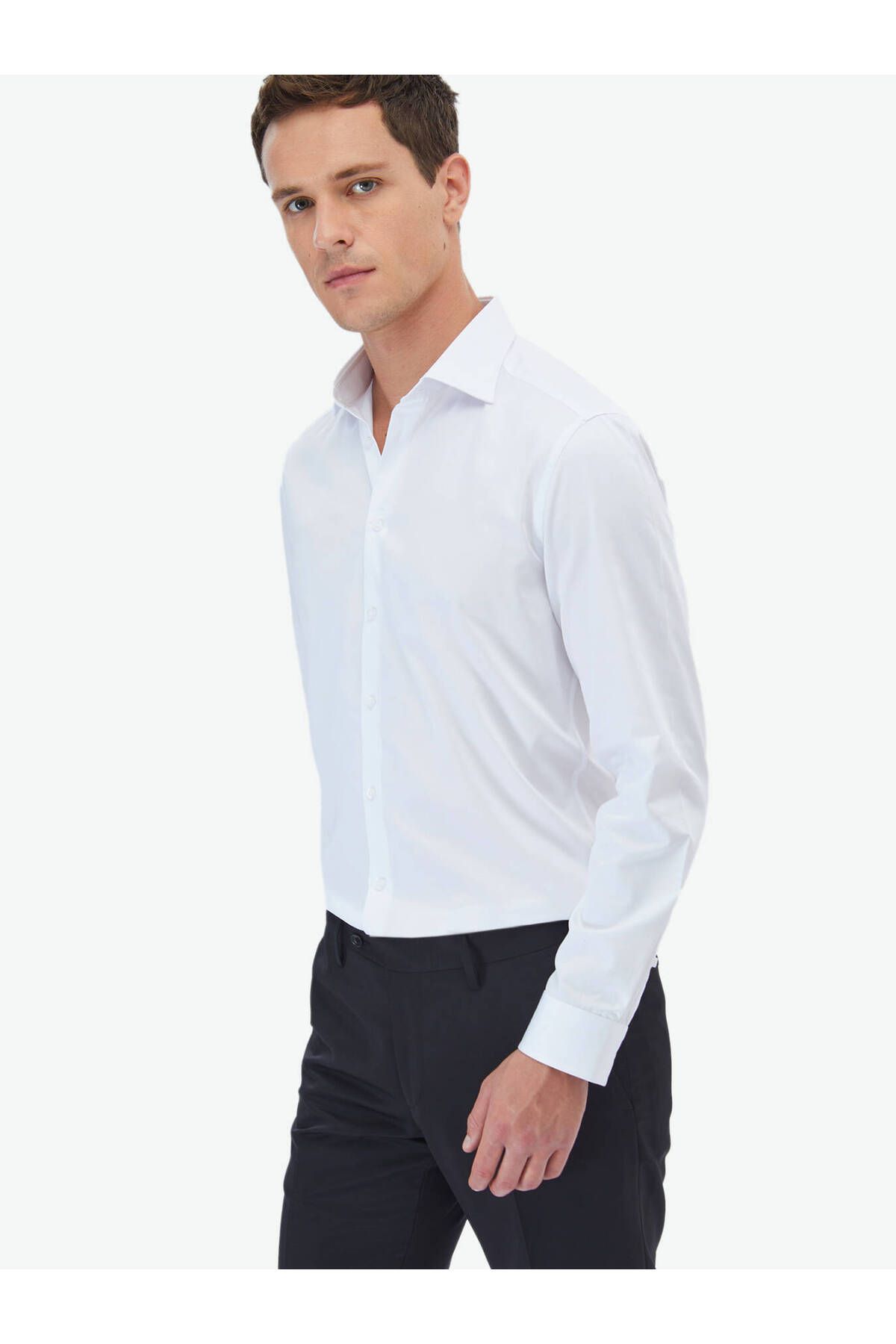 Kip-White Plain Slim Fit Woven Classic 100% Cotton Shirt 2